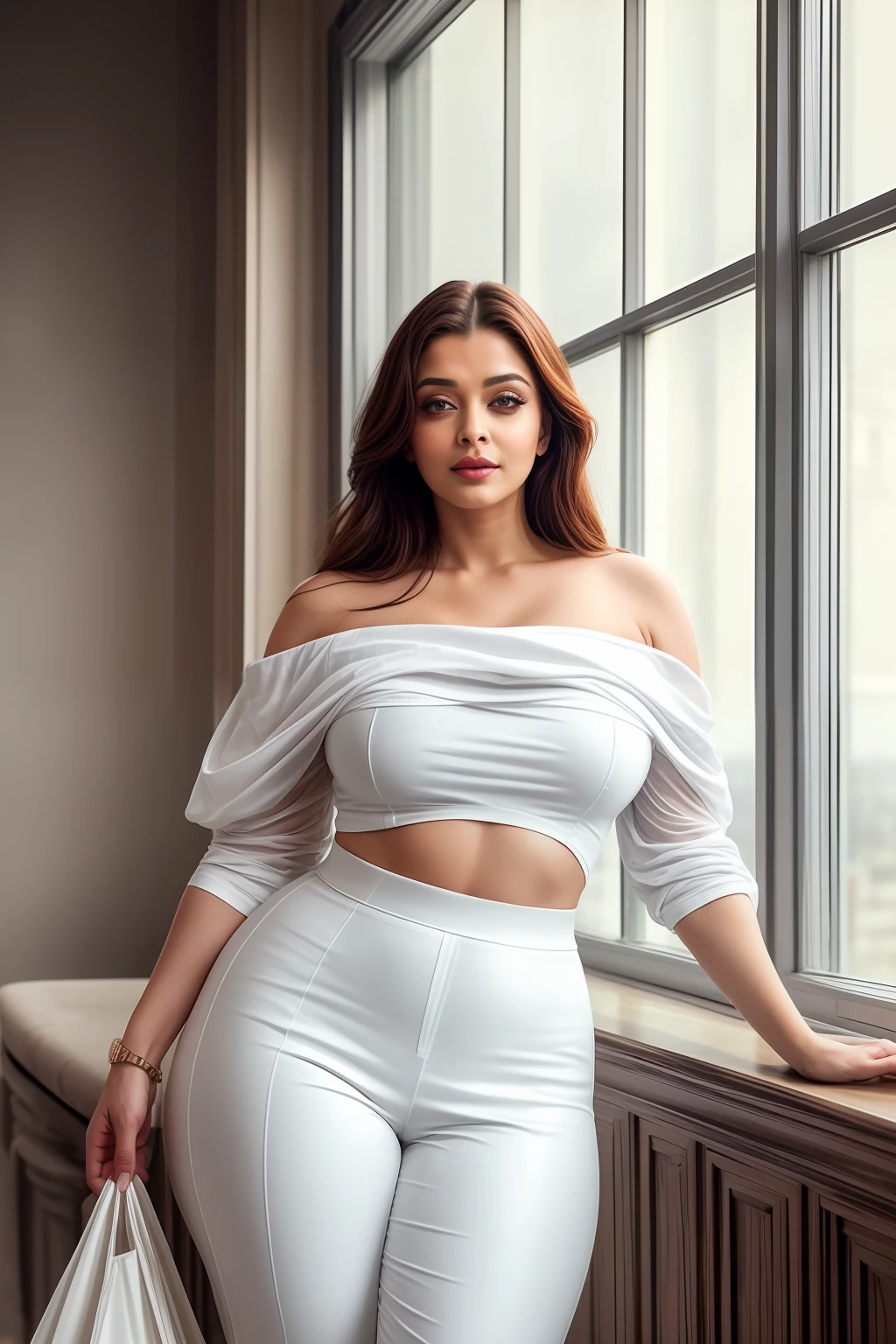Aishwarya rai as corporate lady, high heels, white latex formal trousers with off shoulder strapless cowl neck top, athletic curvy figure, open hair, deepcut neckline, huge cleavage show, erotic pose in balcony, day scene, hourglass figure, small breasts, fit, seductive face, look at camera and wink, erotic adult face, 50 yo, soft volumetric lights, intricate details, (ArtStation:1.2)