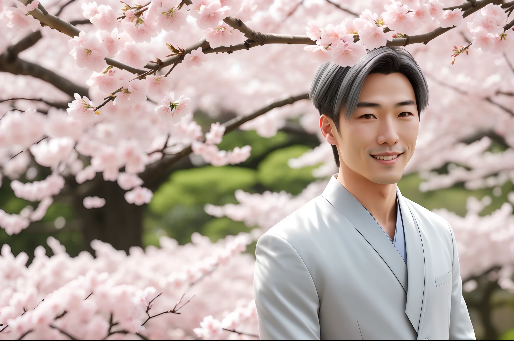 A handsome Asian man,Stand under the cherry blossom trees,The hair is silvery-gray,𝓡𝓸𝓶𝓪𝓷𝓽𝓲𝓬,Smile charmingly at the camera,peacful,Cinema lenses,sakura flowers falling,kyoto