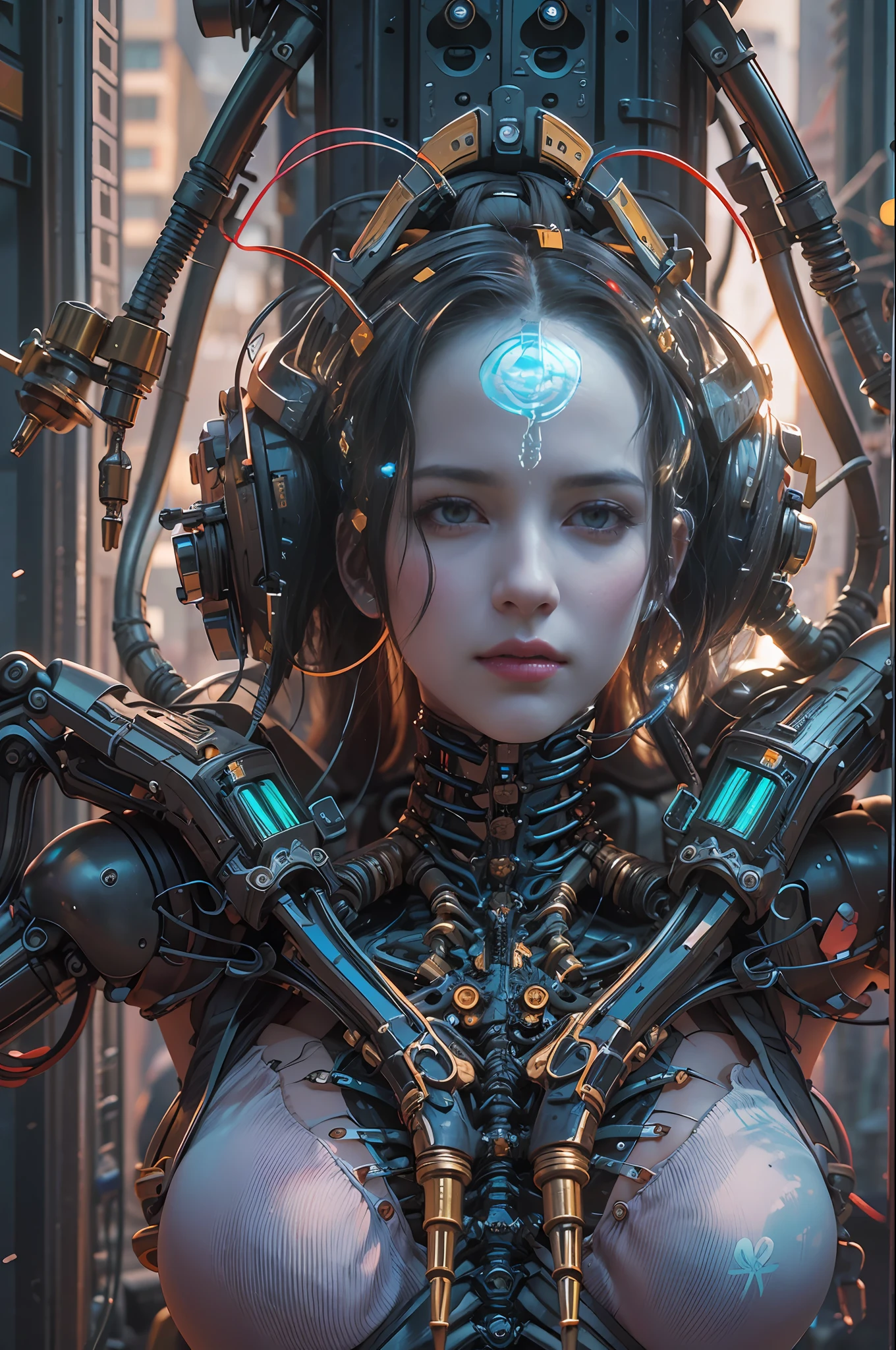 Top Quality, Masterpiece, Ultra High Resolution, ((Photorealistic: 1.4), Raw Photo, 1 cyberpunk Girl, Glossy Skin, 1 Mechanical Girl, (Ultra Realistic Details)), mechanical limbs, tubes connected to the mechanical parts, mechanical vertebrae attached to the spine, mechanical cervical attachment to the neck, wires and cables connecting to the head, Evangelion, Ghost in the Shell, small glowing LED lamps, global lighting, deep shadows, Octane Rendering, 8K, Ultra Sharp, Metal, Intricate Ornament Details, baroque details, Very intricate details, realistic light, CGSoation trend, facing the camera, neon details, (android manufactory in background), art by H.R. Giger and Alphonse Mucha.