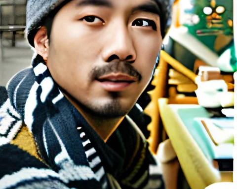 Arafeld man sitting at a table wearing a hat and scarf, huifeng huang, xintong chen, hong june hyung, headshot profile picture, wenjun lin, Wang Qichao, Lin Qifeng, steve zheng, longque chen, xue han, yihao ren, wenfei ye, chengyou liu, jinyiwei, Leng Jun