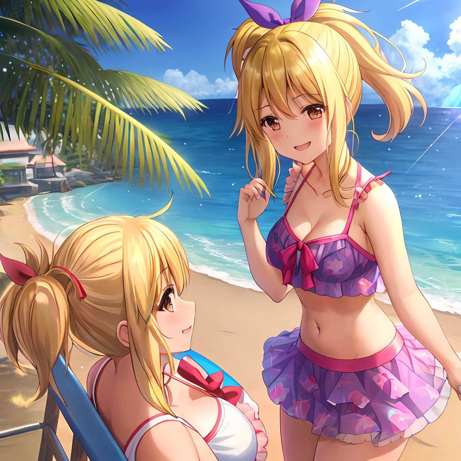 Lucy Heartphilia、1girl in、独奏、blonde hair、Brown-eyed、length hair、耳Nipple Ring、jewely、A smile、bow ribbon、Hair Ribbon、mare、the beach、The bikini、独奏