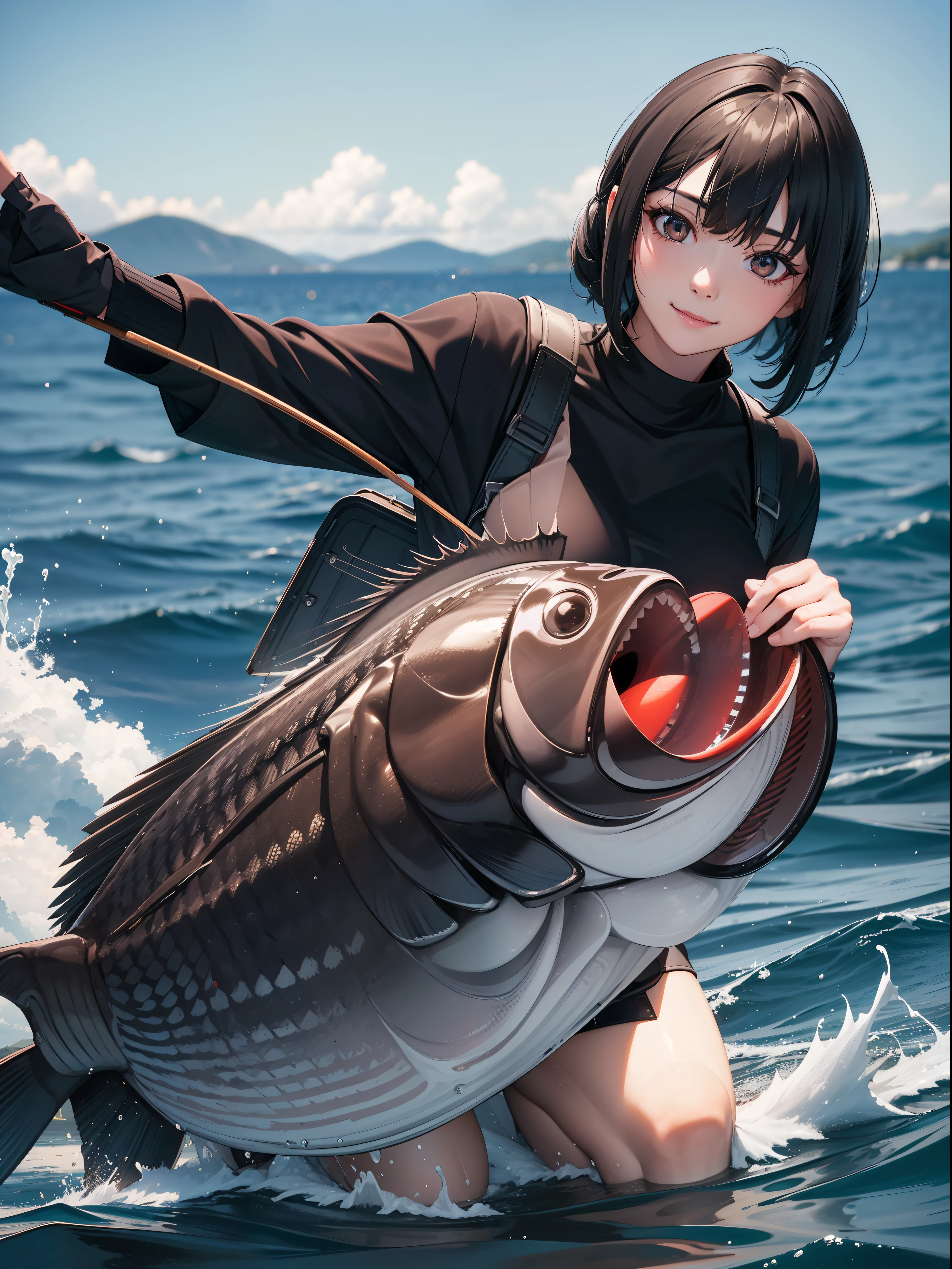 ((catching big black bass))),((Best quality, 8k, Masterpiece :1.3))black hair, longeyelashes, solid circle eyes, light smile, drop shadow, anaglyph, stereogram, atmospheric perspective, 8k, super detail, ccurate, best quality, middle breasts,