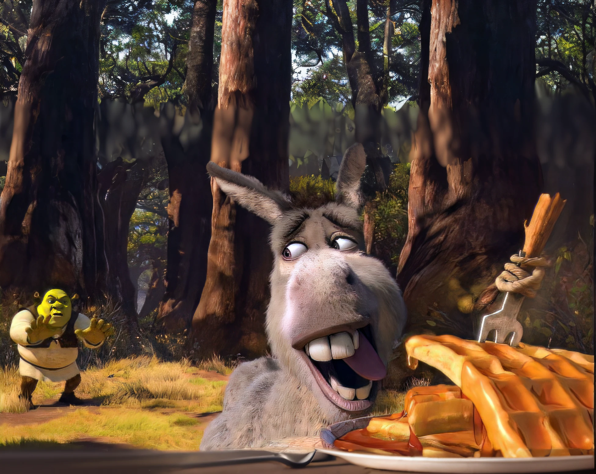 An open-mouthed donkey eats French fries in front of a plate of food, happy big chungus, animated movie scene, big chungus, animated film still, The Big Chungus Meme, 3D Animated Film, animated film still, Big Chungus Boss, animated movie shot, animated film still, animated film, Screenshot of the film, animation still, animated still, Shrek