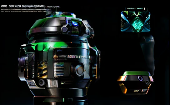 Camera close-up with black background and green text, bottom angles, Ultra-detailed features, it has six thrusters in the back, bottom - view, droid, physical octane render, hyperreal highly detailed 8 k, unreal 6 breathtaking detailed, hyperdetailed object, super detail of each object, photoreal octane rendering, Professional CGI has drill bits to dig sea sand