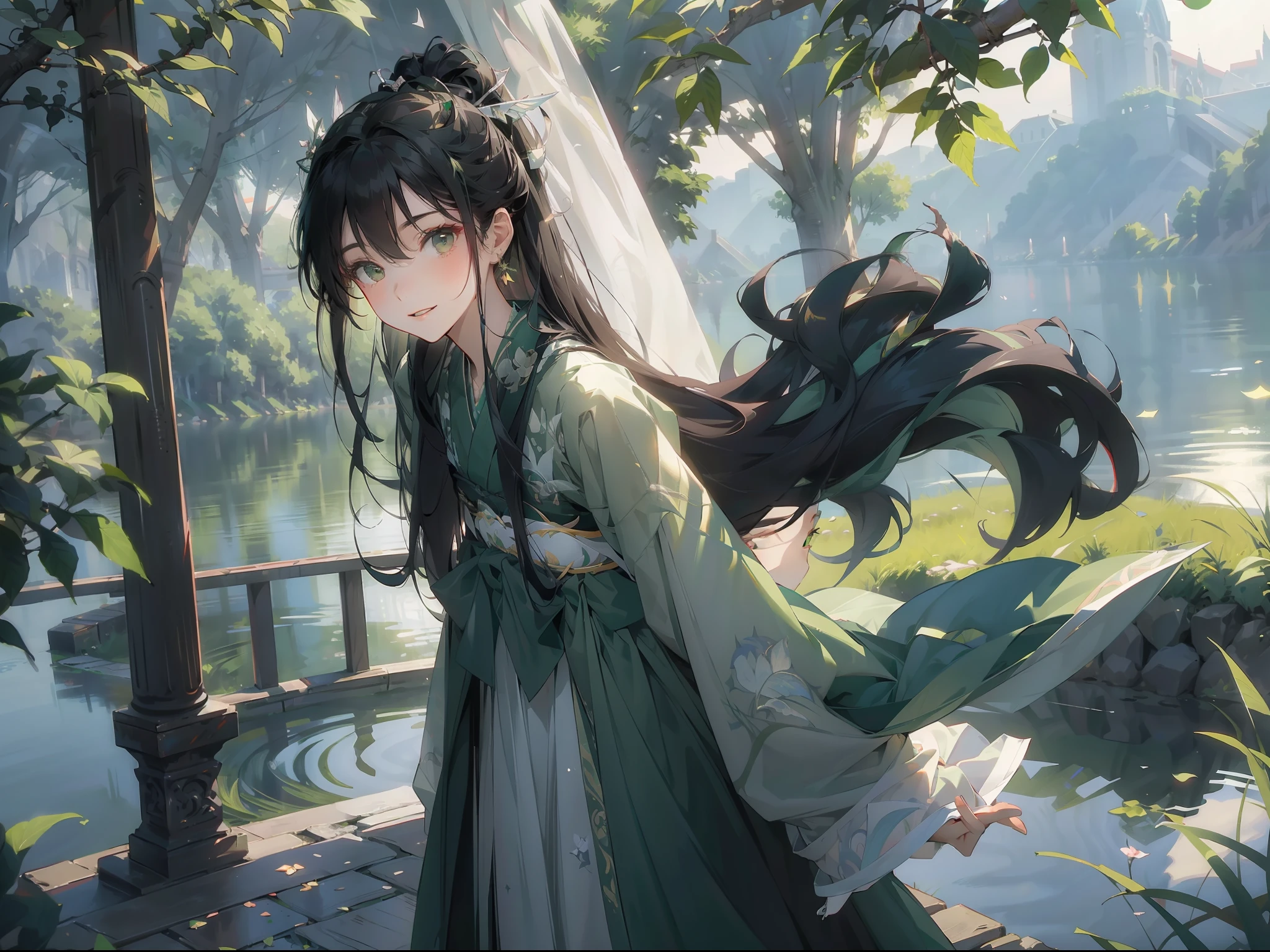 tmasterpiece，Ultra-clear image quality， old，Long black hair fluttering，Green eyes，ssmile，Pale green hanfu，Look up at the perspective，，Background with:Lakeside in the moonlight