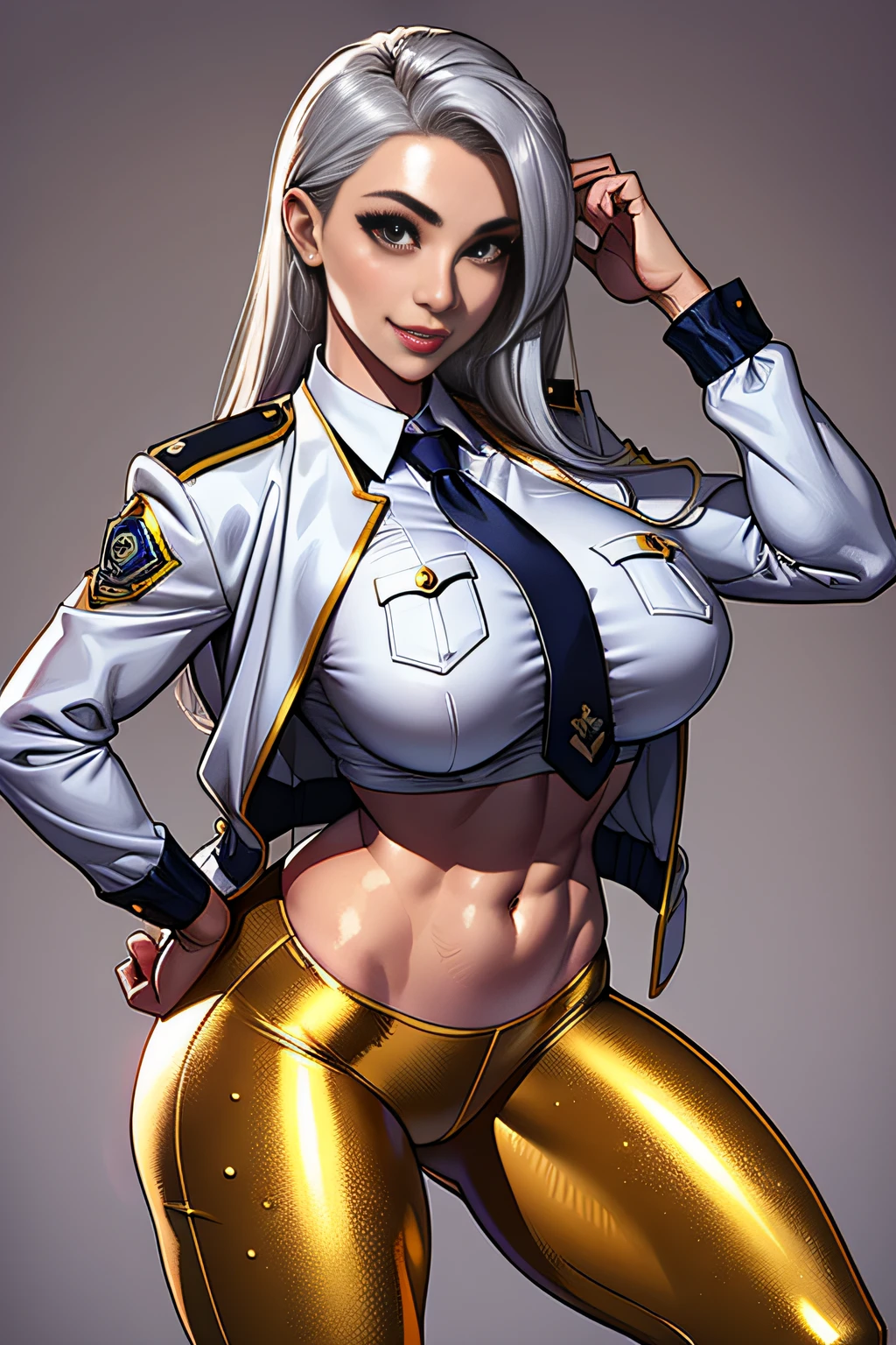 Big breasts about to burst、One Female Police Officer Alafe、slurry and long legs,,,,、Fitness Model、musculature、abdominals、Height 175cm、Female police officer uniform with golden luster、silvery jacket、neck tie、white shirt、Golden Long Pants、skin tanned、glistning skin、Cool smile、full-body view、Pose ready to fight、publicity cosplay、full-cosplay、taken with canon 5d mk4、cosplay foto