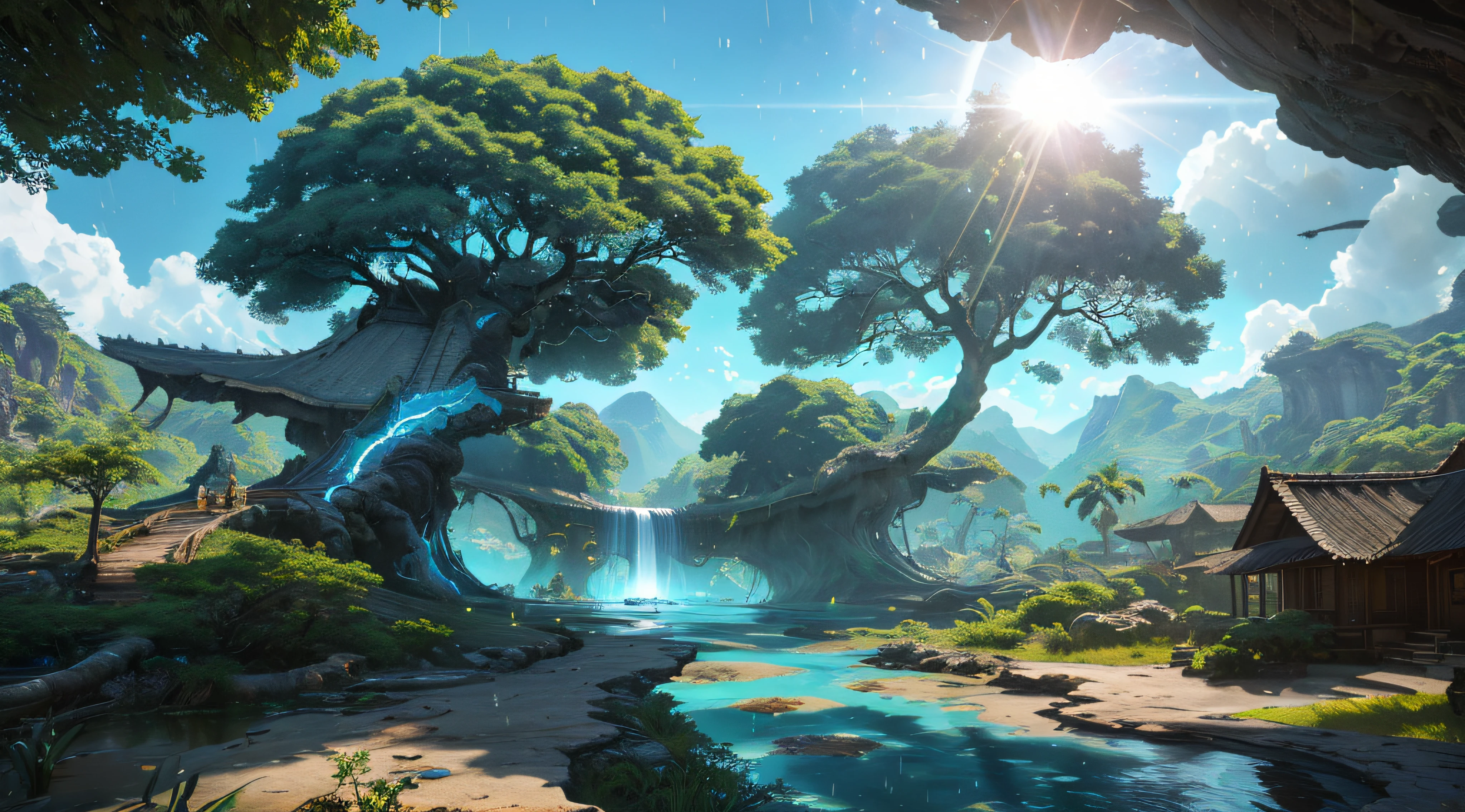 Masterpiece, best quality, high quality, highly detailed CG unity 8k wallpaper, surreal giant cyan rain tree in a futuristic prehistoric village, splashing water, sandy debris, lens flare, sun axis, fluffy clouds, ultra detailed, HDR, bloom, photorealistic, ultra detailed