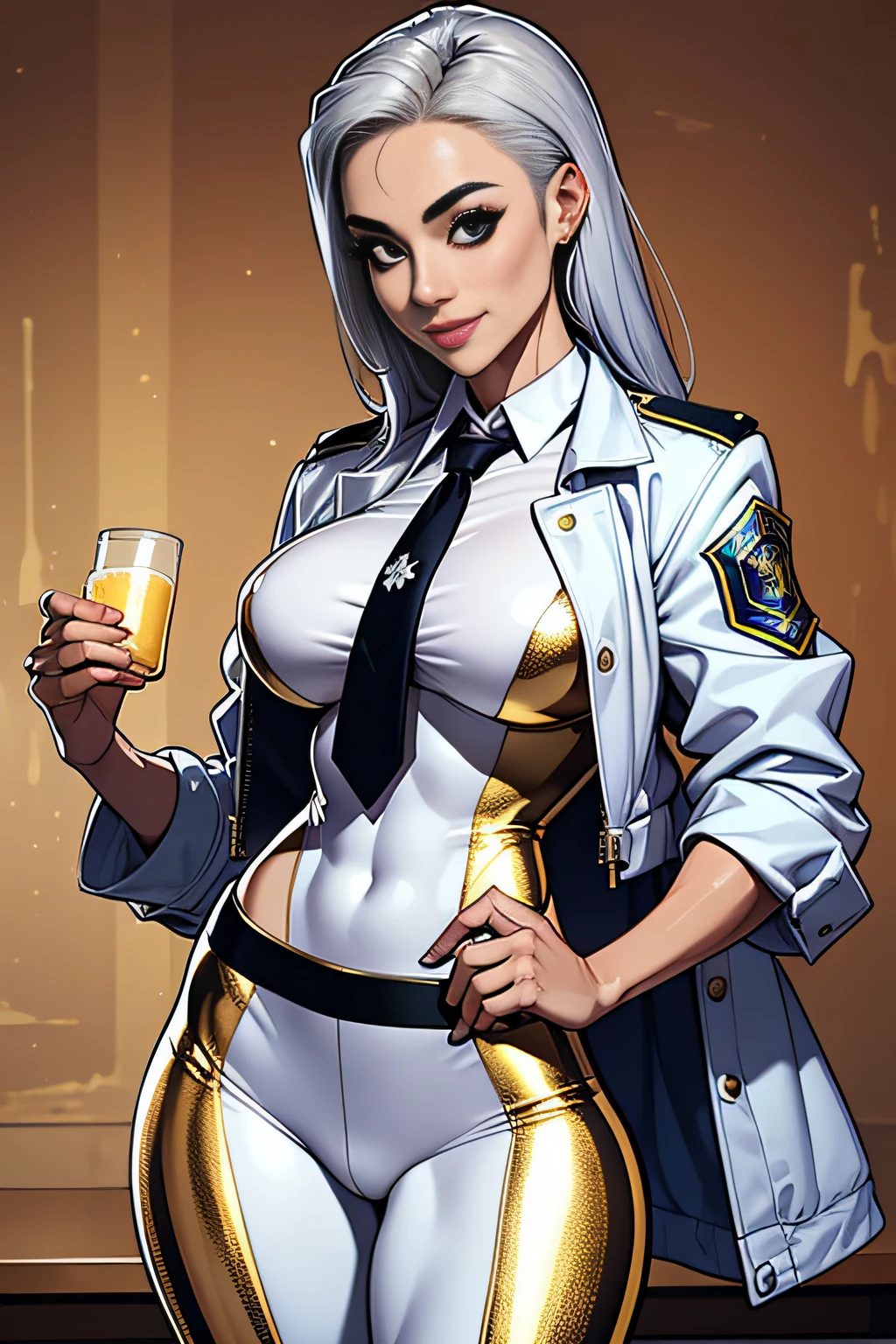 Big breasts about to burst、One Female Police Officer Alafe、slurry and long legs,,,,、Fitness Model、musculature、abdominals、Height 175cm、Female police officer uniform with golden luster、silvery jacket、neck tie、white shirt、Golden Long Pants、skin tanned、glistning skin、Cool smile、full-body view、Pose ready to fight、publicity cosplay、full-cosplay、taken with canon 5d mk4、cosplay foto