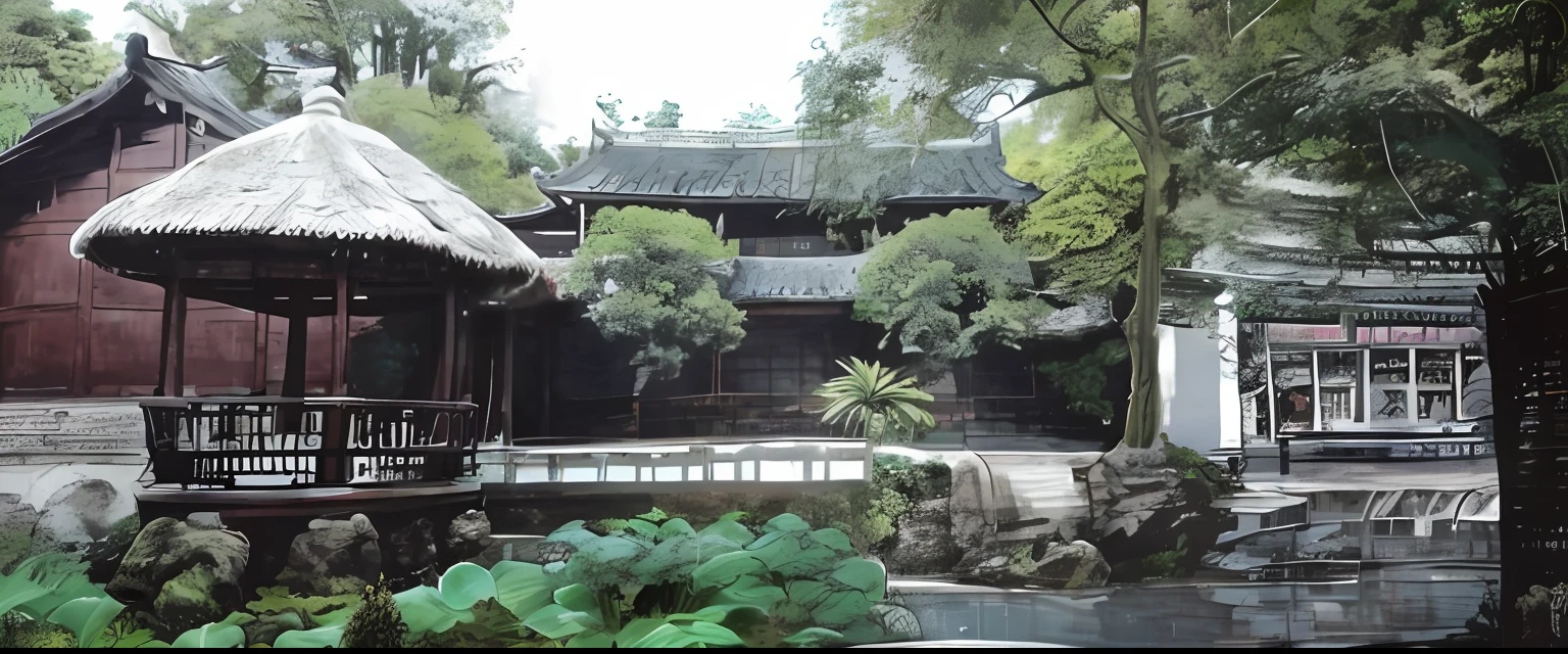 There is a small pond in front of the thatched-roof house, Chinese style, Chinese traditional, guangjian, up front view, old asian village, full - view, historical context, Tang Dynasty Palace, Chinese village, traditional art, with a fishpond and courtyard, beautiful ancient garden behind,best quality, masterpiece, highres