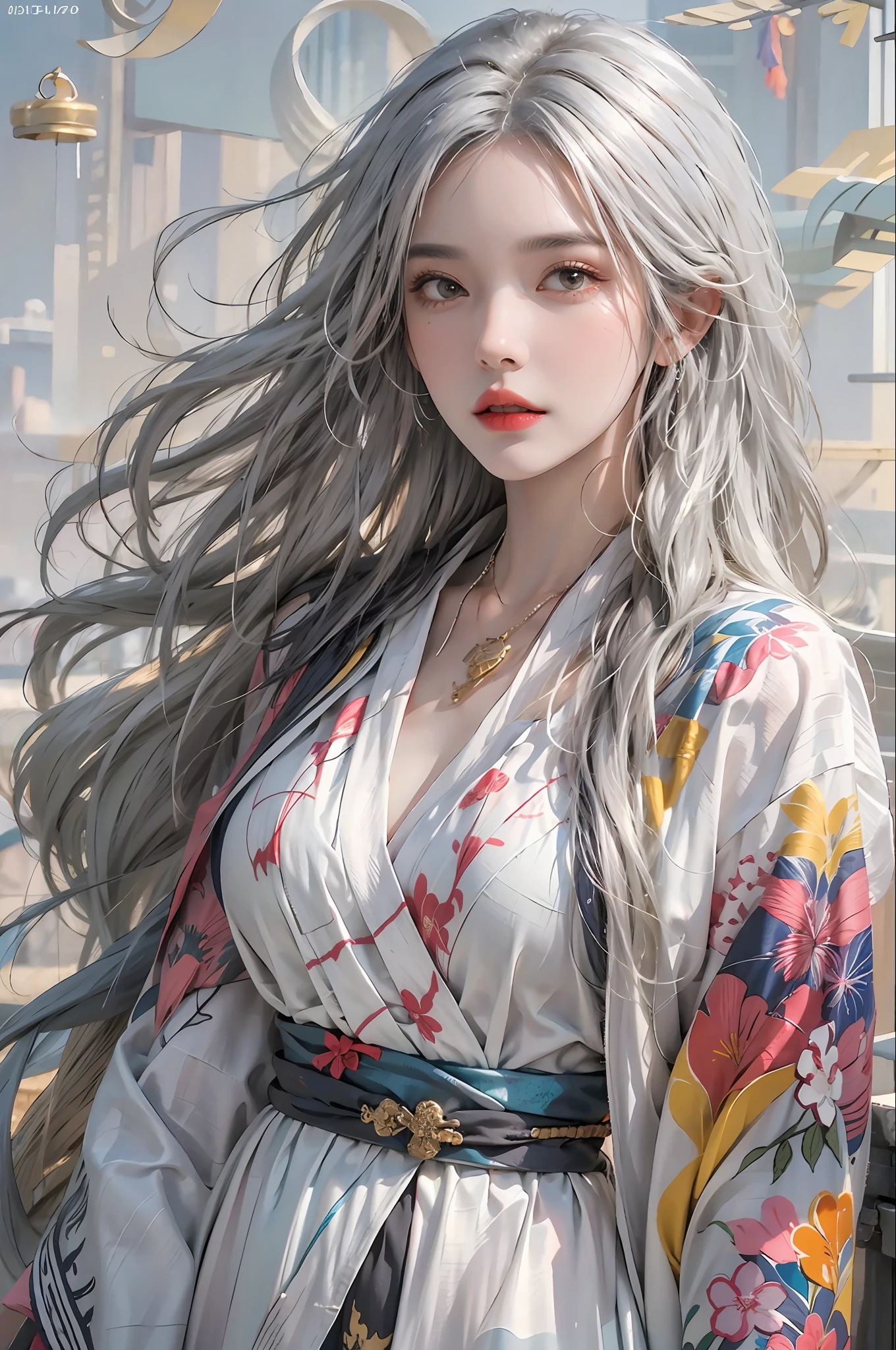 photorealistic, high resolution, 1women, solo, hips up, look at viewer, (detailed face), white hair, long hair, colorful Taoist robe,oversized clothes, midjourney portrait, jewelry