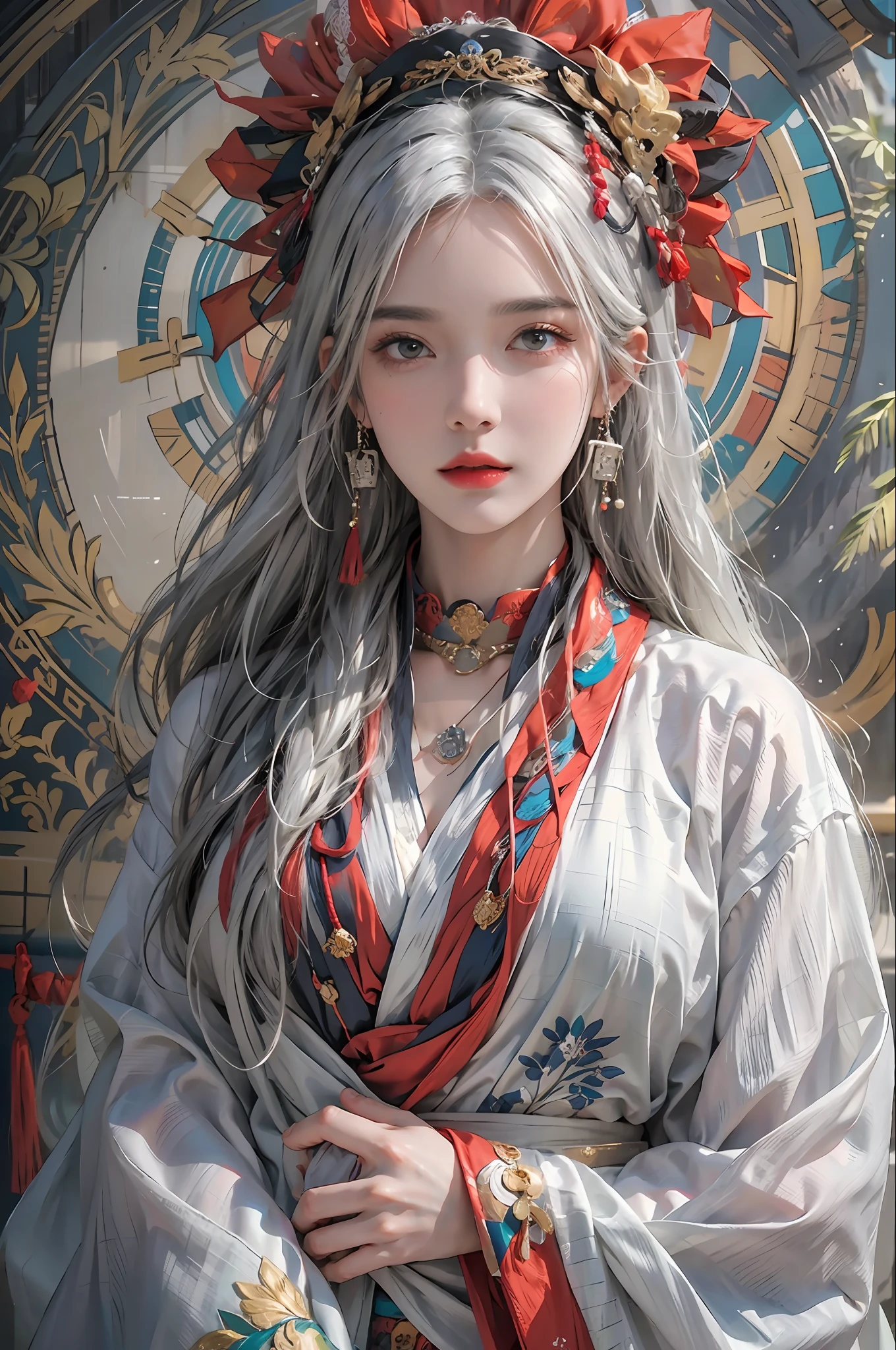 photorealistic, high resolution, 1women, solo, hips up, look at viewer, (detailed face), white hair, long hair, colorful Taoist robe,oversized clothes, midjourney portrait, jewelry