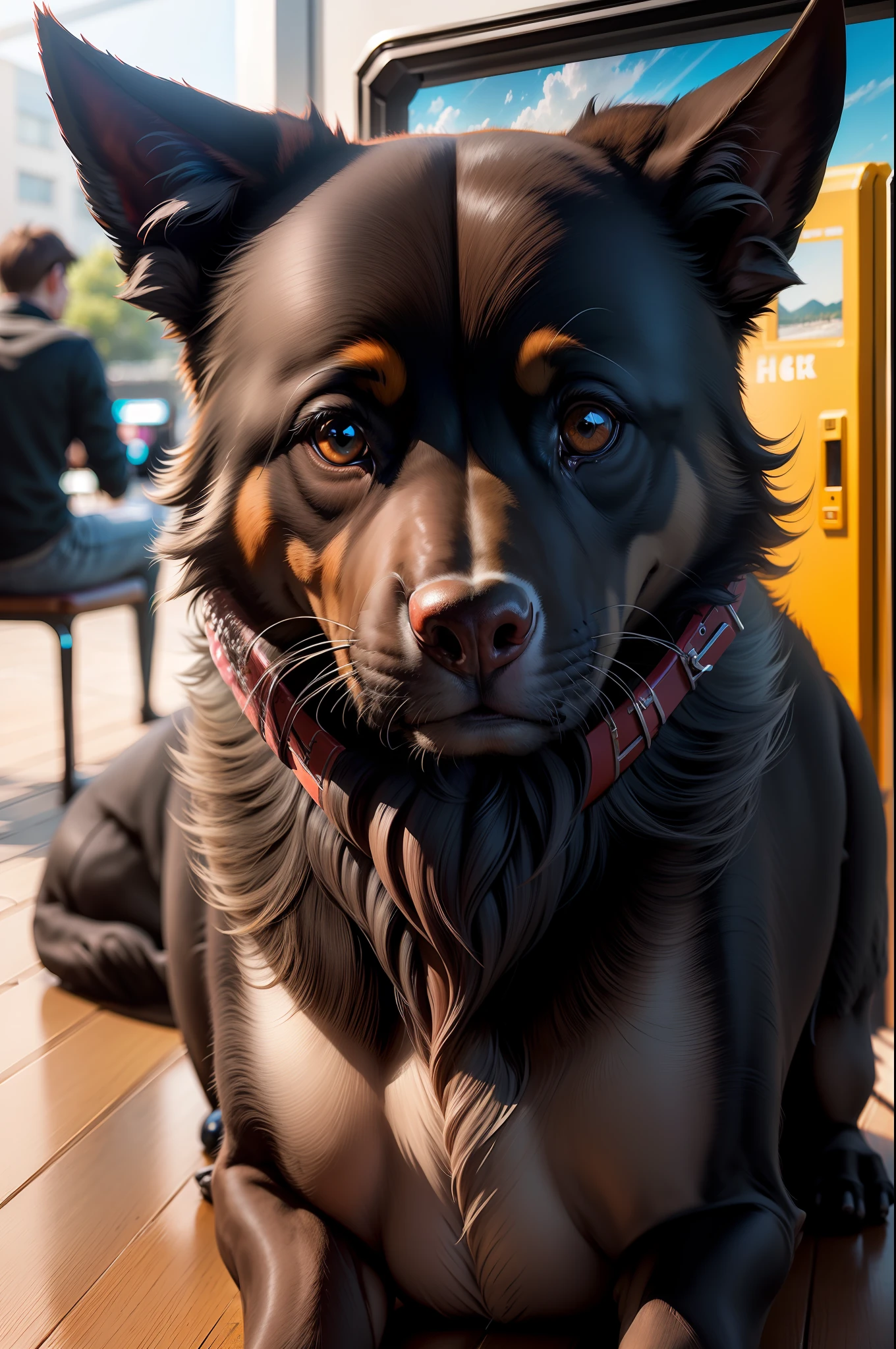 (((Vibrant, photo-realistic, sharp focus, and dramatic))), knollingcase, black dog, 8k ultra high-definition.