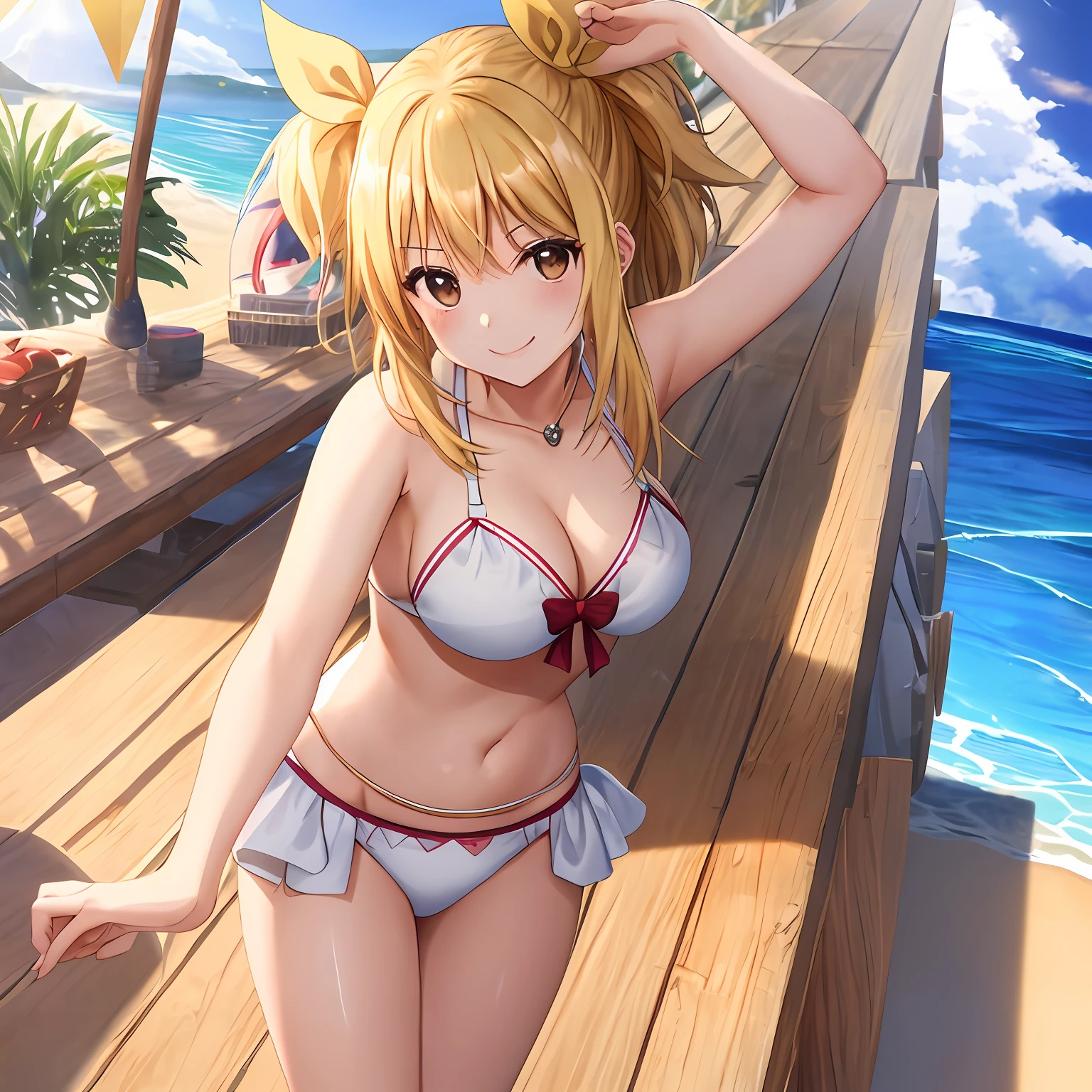Lucy Heartphilia、1girl in、独奏、blonde  hair、Brown-eyed、length hair、耳Nipple Ring、jewely、A smile、bow ribbon、the beach、White Bikini、soio