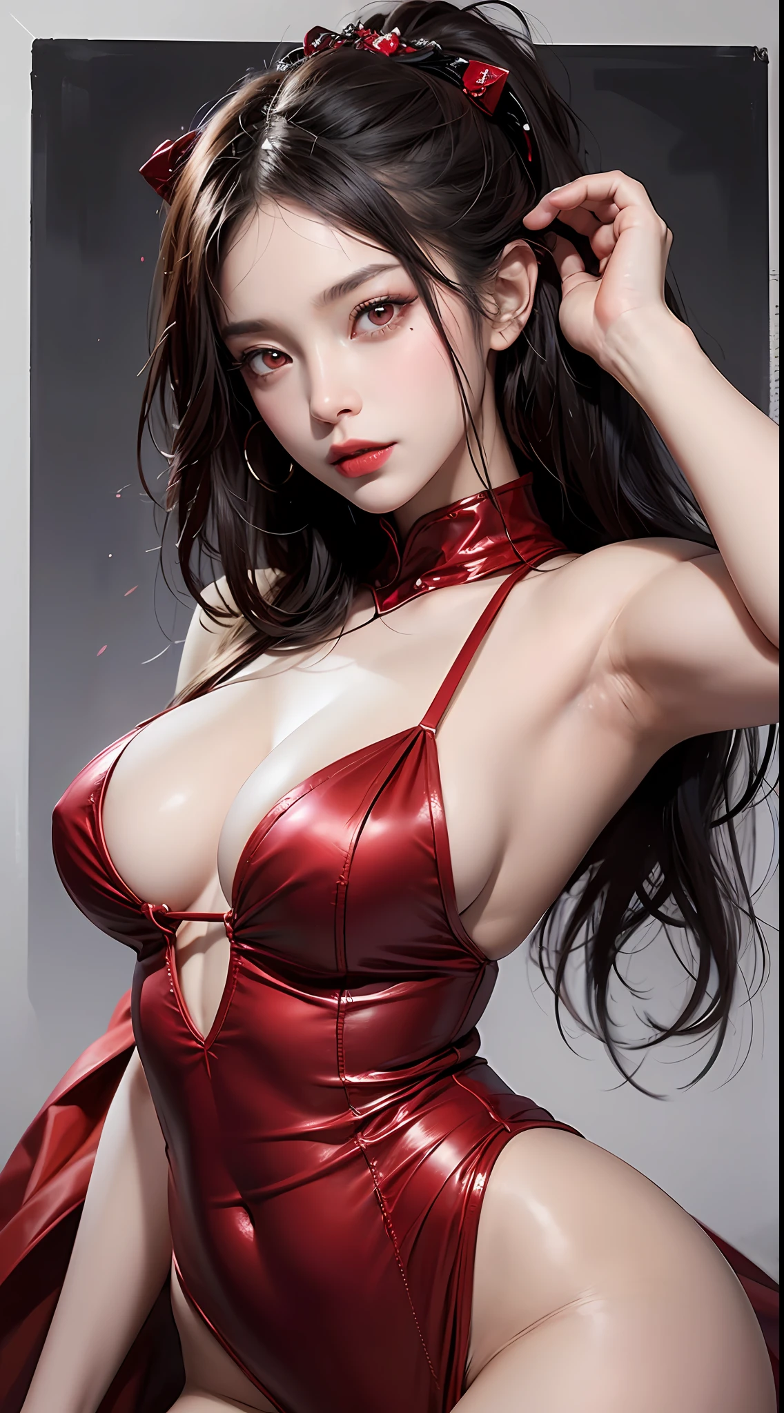 1 beautiful devil woman from hell, surreal female portrait by David Hockney and Alphonse Mucha, realistic art, chinese doll, photorealism, dynamic lighting, artstation, poster, volumetric lighting, clean pink and white face, super realistic face, beautiful face and very detailed make-up, 8k ultra, awarded, in the dark, low key, cowboy lens, (Red phoenix dress: 1.0), long hair, black hair, bust, devil's Palace, devil crown, eyes make up very sharp and detailed, the most beautiful face, super tight breasts, breast augmentation, the breasts are very big and round and round, super realistic, chinese women's clothing, polo neck sweater, charming smile, the eyes are very well made up, ((Deep red eyes:1.2)), big round eyes, glaring at the viewer, guweiz, devil style, wearing black mesh socks, ponytail with a bow tied at the back of the hair, plump and beautiful red lips, wearing a thin red and black robe, Hands pull the straps to reveal sexy breasts, the landscape is overcast and thunderous, beautiful female devil portrait, close-up of the main character, (detailed spooky background:0.8), HDR, UHD, 8kquality, detailed pixel, facing the beautiful girl, looking at the girl body,
