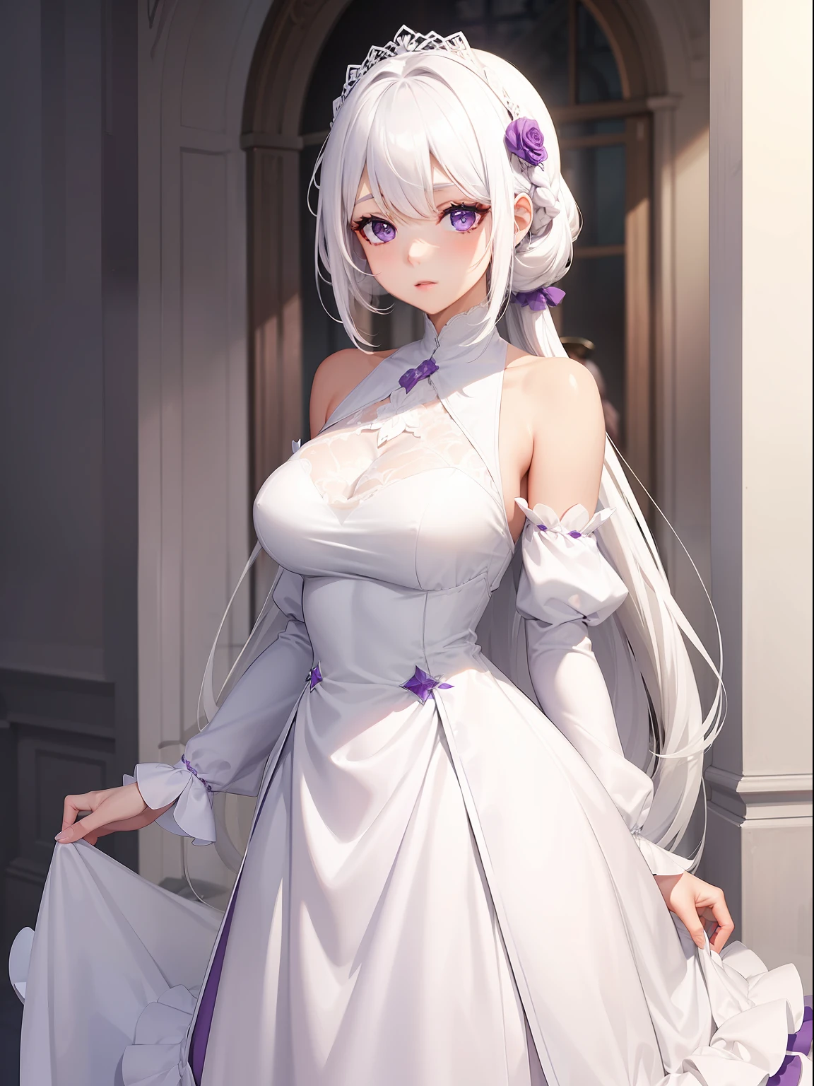 a women, white hair, purple eyes, white dress
