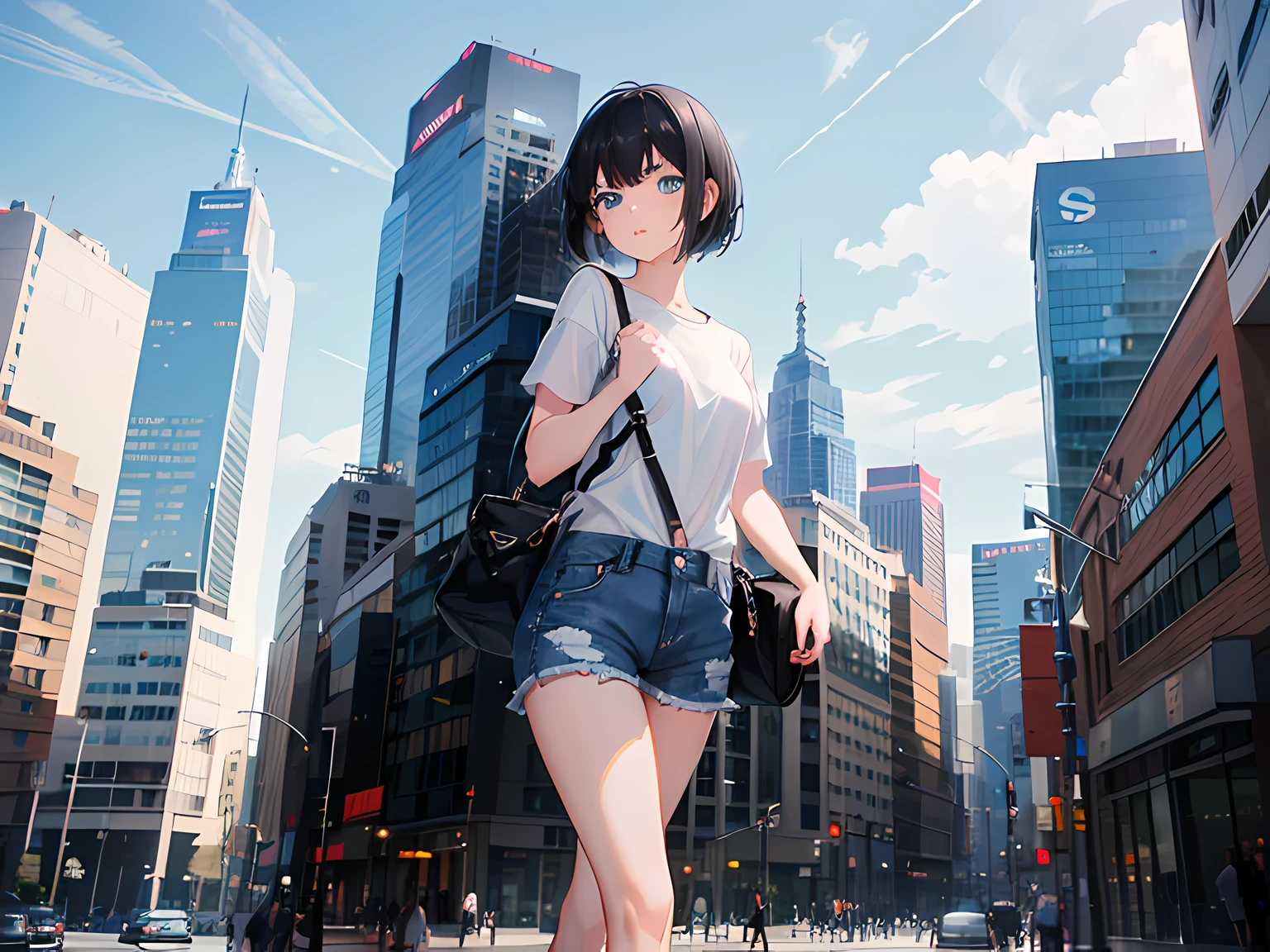 1girl, short black hair, blue eyes, wearing plain white shirt, denim shorts, city, absurdres, high res, ultrasharp, 8K, masterpiece, looking at viewer