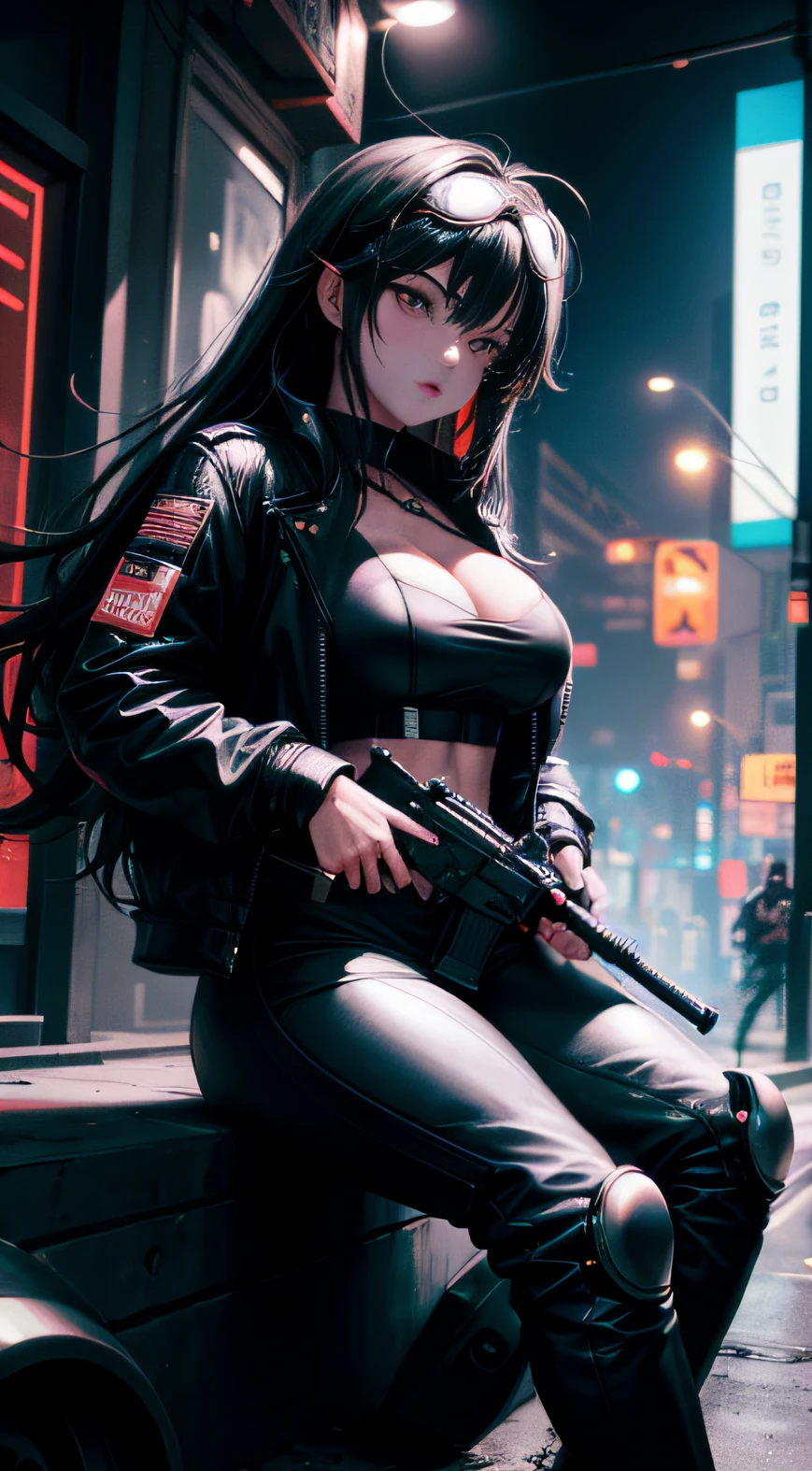 Anime girl with gun sitting on a bench in the city at night, female cyberpunk anime girl, Cyberpunk Anime Girl, badass anime 8 K, jet black haired cyberpunk girl, Cyberpunk Girl, cyberpunk 2 0 y. o Model girl, cyberpunk beautiful girl, anime cyberpunk art, cyberpunk anime girl in hoodie, an oppai cyberpunk, anime cyberpunk, cyberpunk anime art, digital cyberpunk - anime art