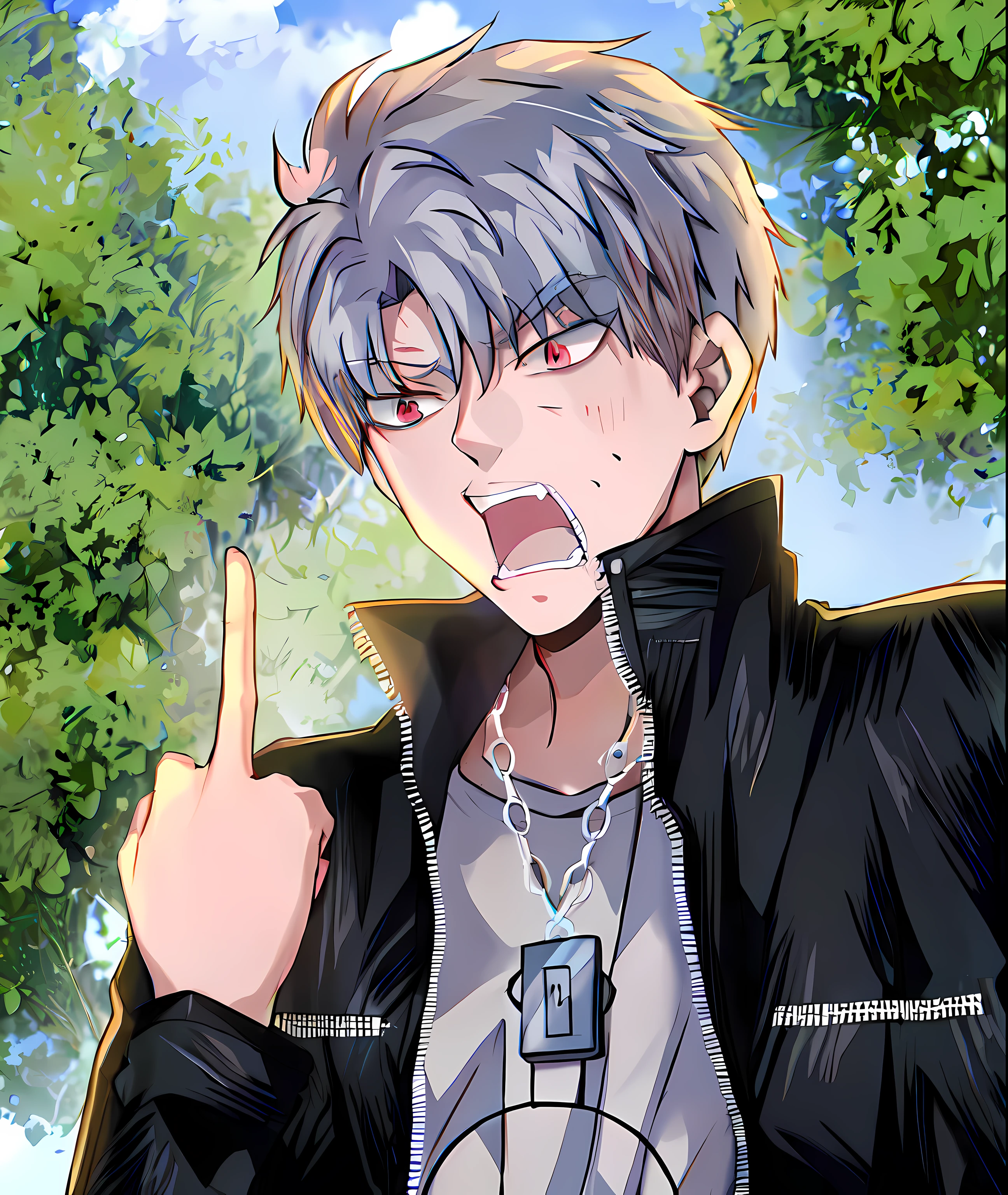 Anime boy with gray hair and black jacket with middle finger up, trigger anime artstyle, official fanart, kaneki ken, With the middle finger, in an anime style, a silver haired mad, High-quality fanart, Male anime style, Handsome anime pose, digital art from danganronpa, In anime style, Detailed fanart, offcial art, kaneki ken