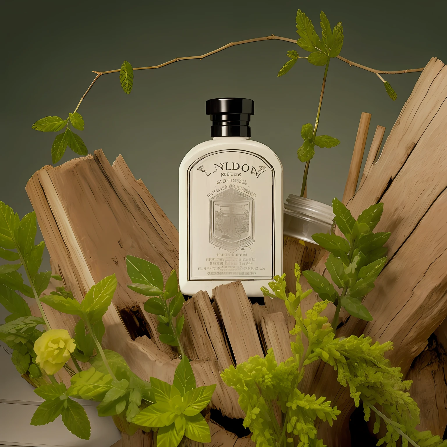 A bottle of body lotion on a tree stump, image apothecary, inspired by Lubin Baugin, Inspired by Dionisio Baixeras Verdaguer, inspired by Pinturicchio, Bright lid, White plastic bottle,Portrait shooting, apothecary, Inspired by Eugene von Gaillard, enchanted with nature spirit, detailed product photo, Vignette,Realistic rendering --v 6