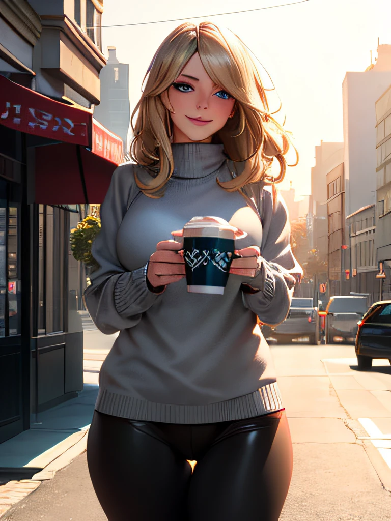 (masterpiece, best quality:1.4), (modern days), (cowboy shot), 1girl, solo, pov, sfw, stunning girlfriend, (standing:1.1), dynamic pose, (white oversized sweater, knit sweater:1.4), (skinny yoga pants, dark gray yoga pants: 1.4), (navy short jacket, denim jacket: 1.4), long blonde hair, bangs, heart-shaped face, elegant face, beautiful face, high detail face, high detail skin, skin pores, subsurface scattering, (blue eye details), realistic pupils, plump breasts, loving smile, looking at the audience, full blush, plump lips, holding a coffee cup, centered, coffee shop in background, city street, sunny day, wind, detailed background, depth of field, Atmospheric perspective, volumetric lighting, clear focus, absurd, realistic proportions, good anatomy, (realistic, hyper-realistic:1.4), 16k HDR,
