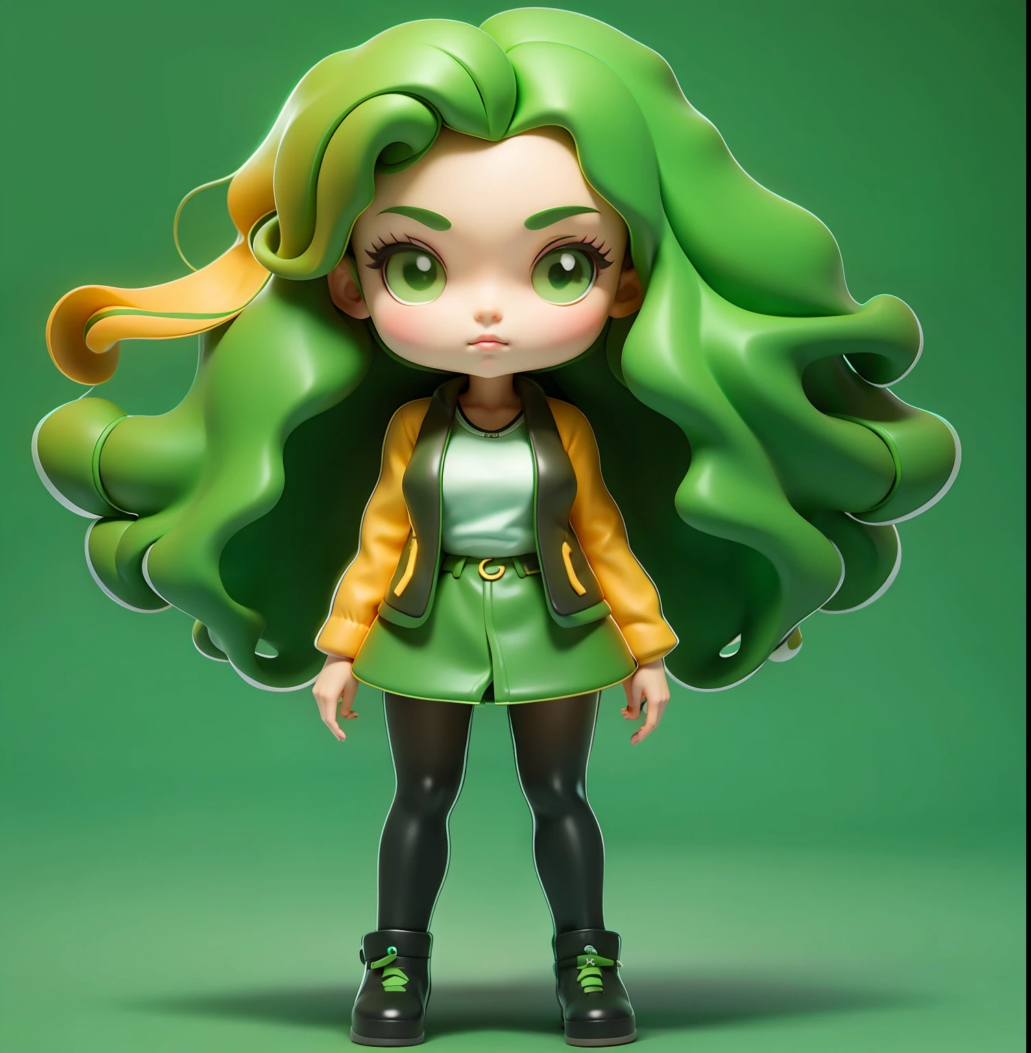 A cartoon girl with long hair and a jacket, Green curly haired girl, Blackn clothes