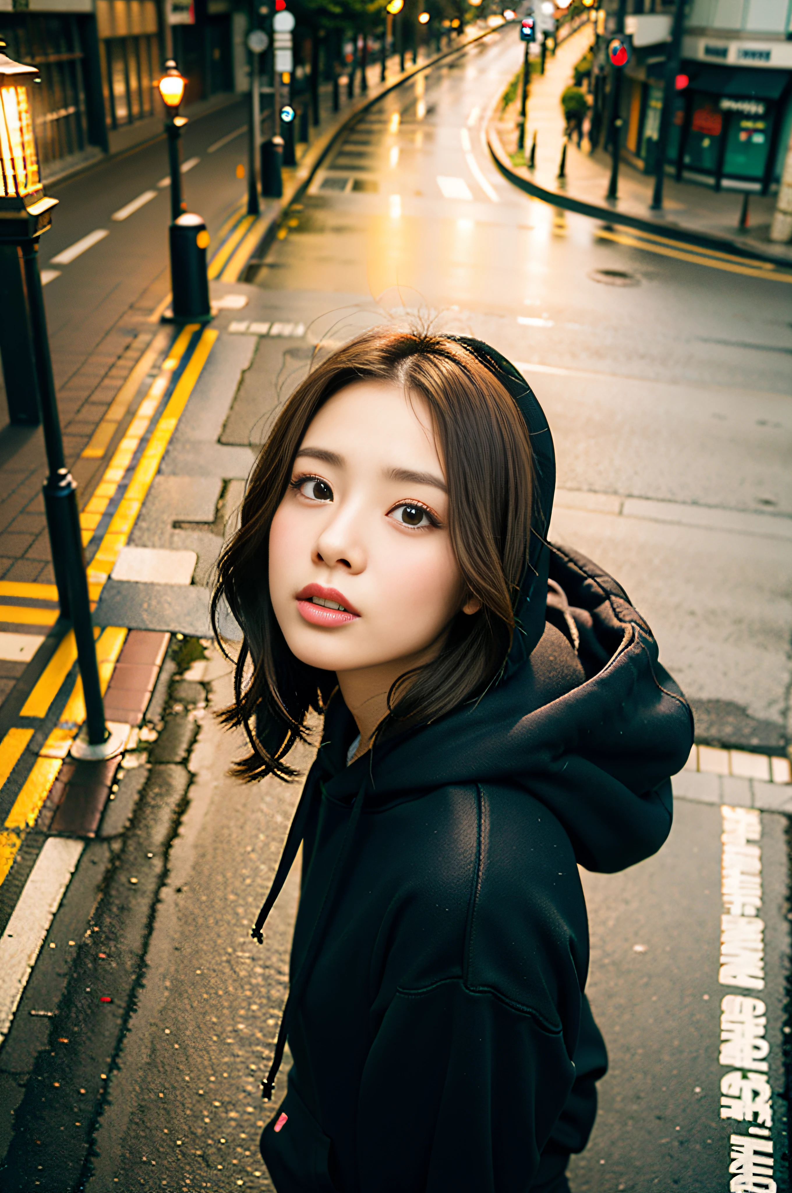 Sad theme、(top-quality、​masterpiece:1.2)、(((From directly above)))、Very Wide Shot、holding an umbrella, rain,、fish-eye lens、natta、Dark light、Harajuku crowd background、Textured skin, Cinematic、１24 year old beautiful woman with brown hair、(((Black hoodie)))、Looking Up、(Streetlight background:1.3)、sony a7,24mm lens shooting、F 1.8 Aperture、No retouching、Realistic raw photos、The skin texture is very detailed、without makeup、Background lighting is red、rainy day、The ground is wet from rain、The atmosphere is moody、How to steam
