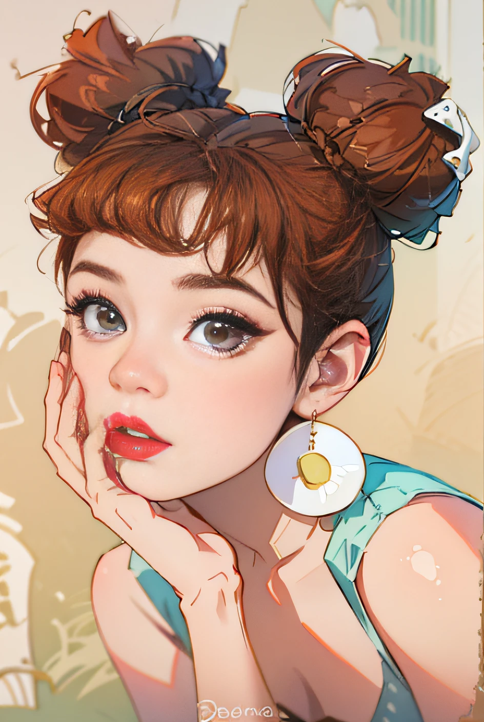 ((bestquality)),((masterpiece)),((realistic)),(detailed), 1 girl, the hand hold the chin, look at viewer, brown hair, bun, brown eyes, callarbone, (white round earrings), red lips, blue slip clothing,