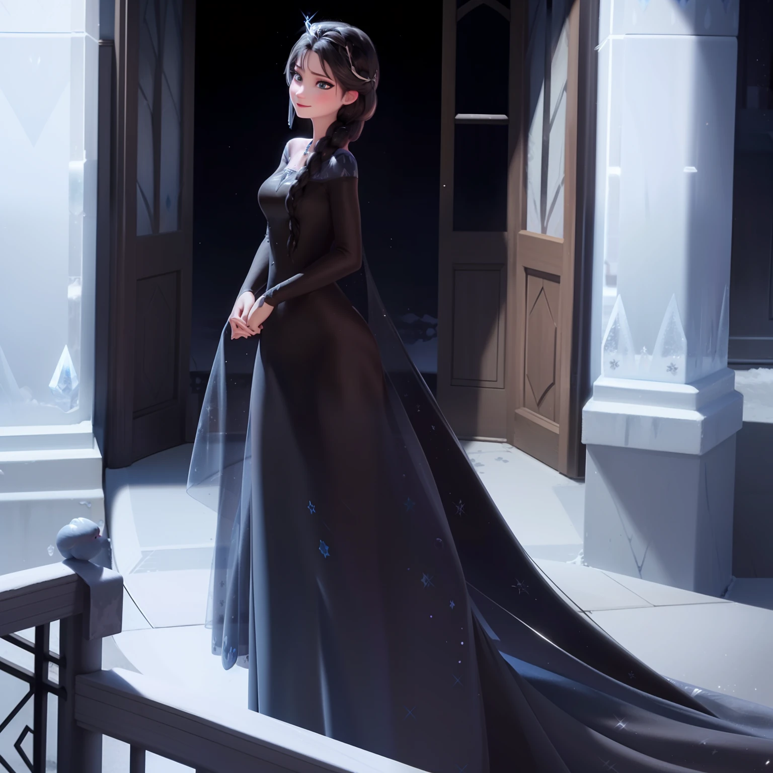 Elsa of erendelle, smiling,((black hair:1.4)),Balcony,Braided hair,(Blue dress),(ice queen dress)