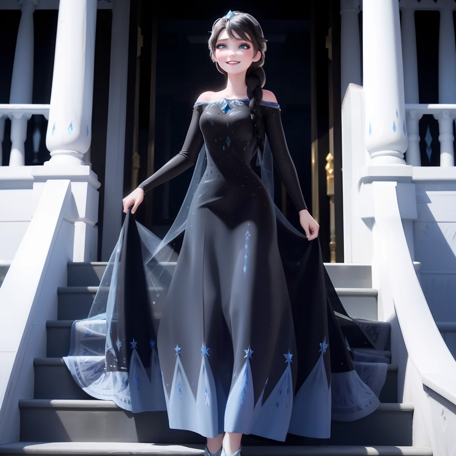 Elsa of erendelle, smiling,((black hair:1.4)),Balcony,Braided hair,(Blue dress),(ice queen dress)