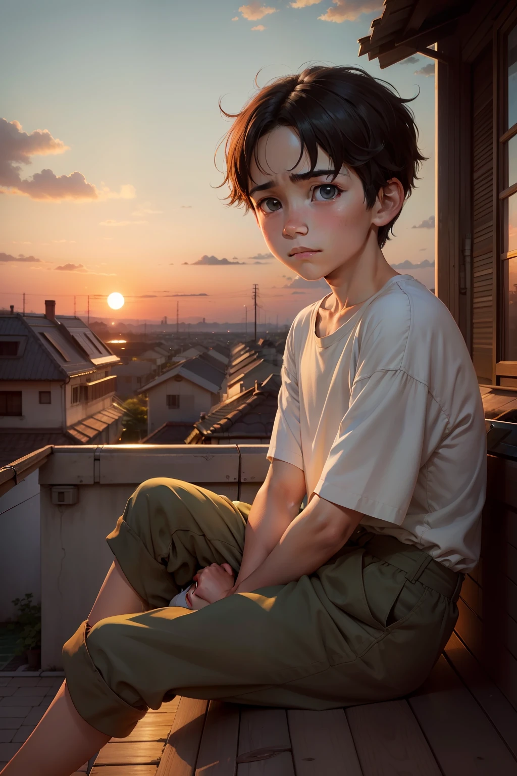 A boy with,His face was full of sadness,largeeyes,adolable,Sitting on the roof watching the sunset,Soft lighting,in style of ghibli