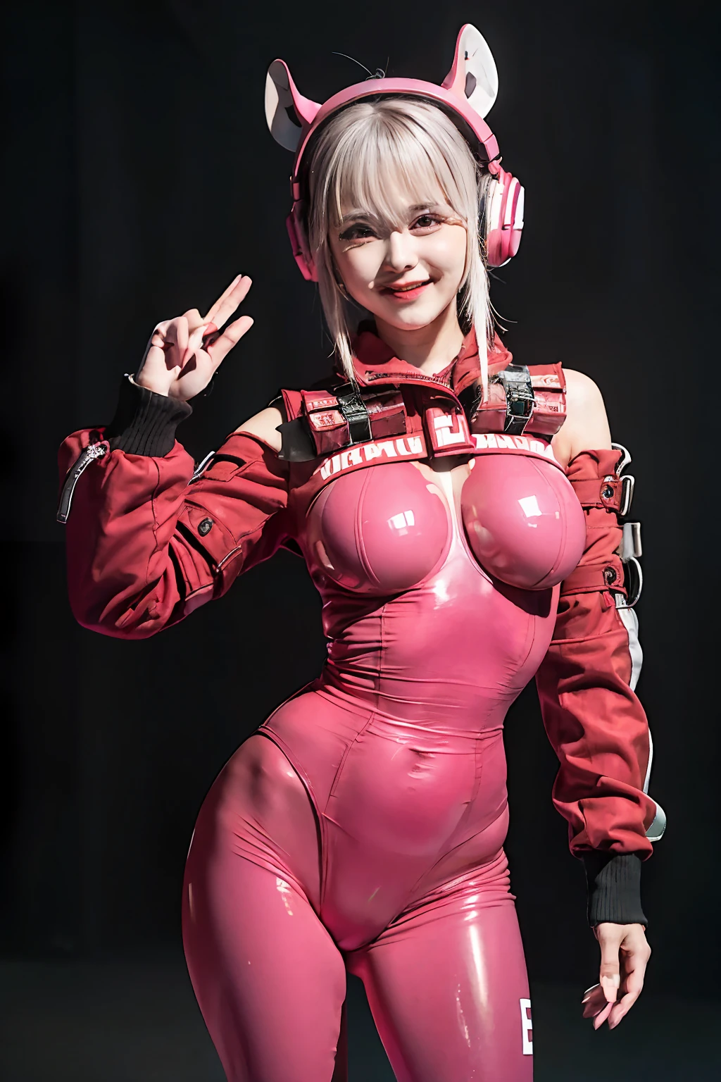 (RAW photo, Best quality, Mastery:1.2), (Realistic, photo-realistic:1.4),(Masterpiece:1.4),(Best quality:1.4),1girll, Solo, :D, Ear headphones, beast ear, Arms up,By bangs,Be red in the face,Tights,nedium breasts,Mouse pose,Clothes writing,Cover the navel,cowboy lens,Cropped jacket,fakeanimalears,mitts,exteriors,Morning,Yuki,hair intakes,Earphone,impossible bodysuit,Impossible clothes,jaket,huge tit,latex,latex body suit,long whitr hair,longer sleeves,looking at viewert,huge tit,Multicolored gloves,with her mouth open,Pink tights,Pink eyes,red color eyes,red blous,shinning clothes,shrugged shoulders\(The clothes ar\),side locks , tight-fitting, ssmile, Thigh crevices, upper legs, dual horsetail, Very long hair, whitegloves, White hair, Alice\(Nikke\),(Shiny skin), realisticlying,Real Human