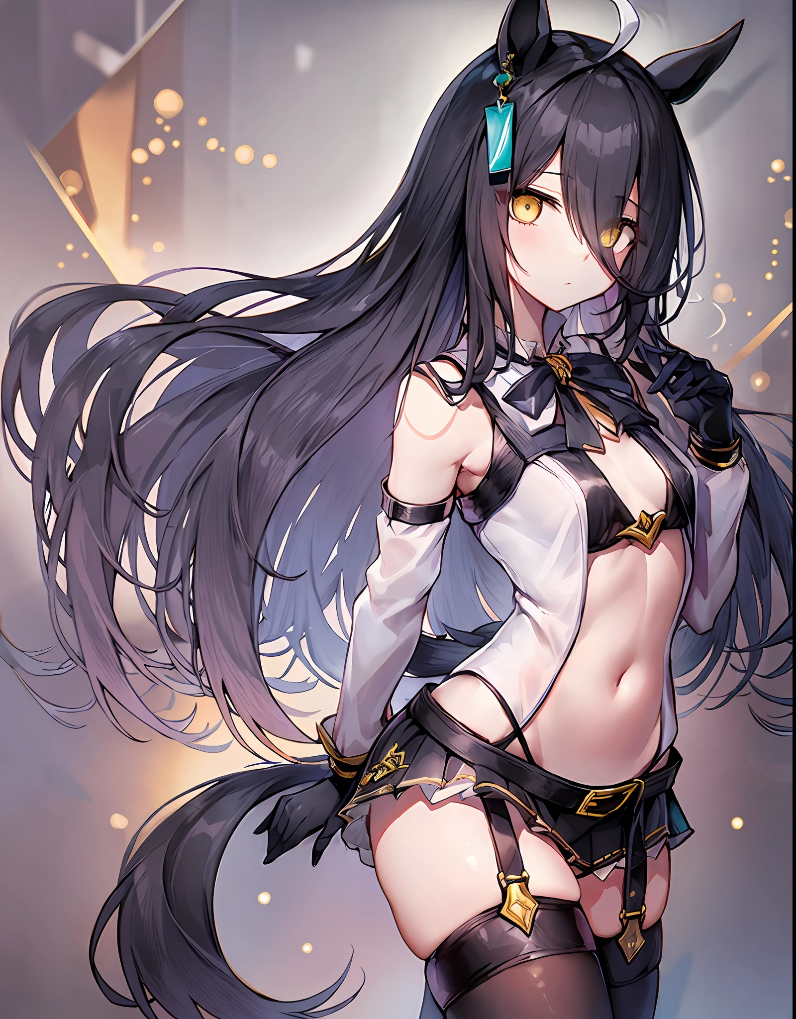 ((​masterpiece)), ((Top image quality)), Full body wide angle,(独奏)、 manhattan-cafe\(umamusume\)、Ahoge of thin white color, independent of black hair、(Long black hair)、very thin and long black bangs passing between the eyes,、Yellow eyes without highlights、Horse tail、((small tits))、Black Gloves、Black Body Harness、Tube Top、off shoulders、high-leg underpants、Low-rise miniskirt、Black knee-high socks、dynamic ungle、magia、shadowy、The Darkness