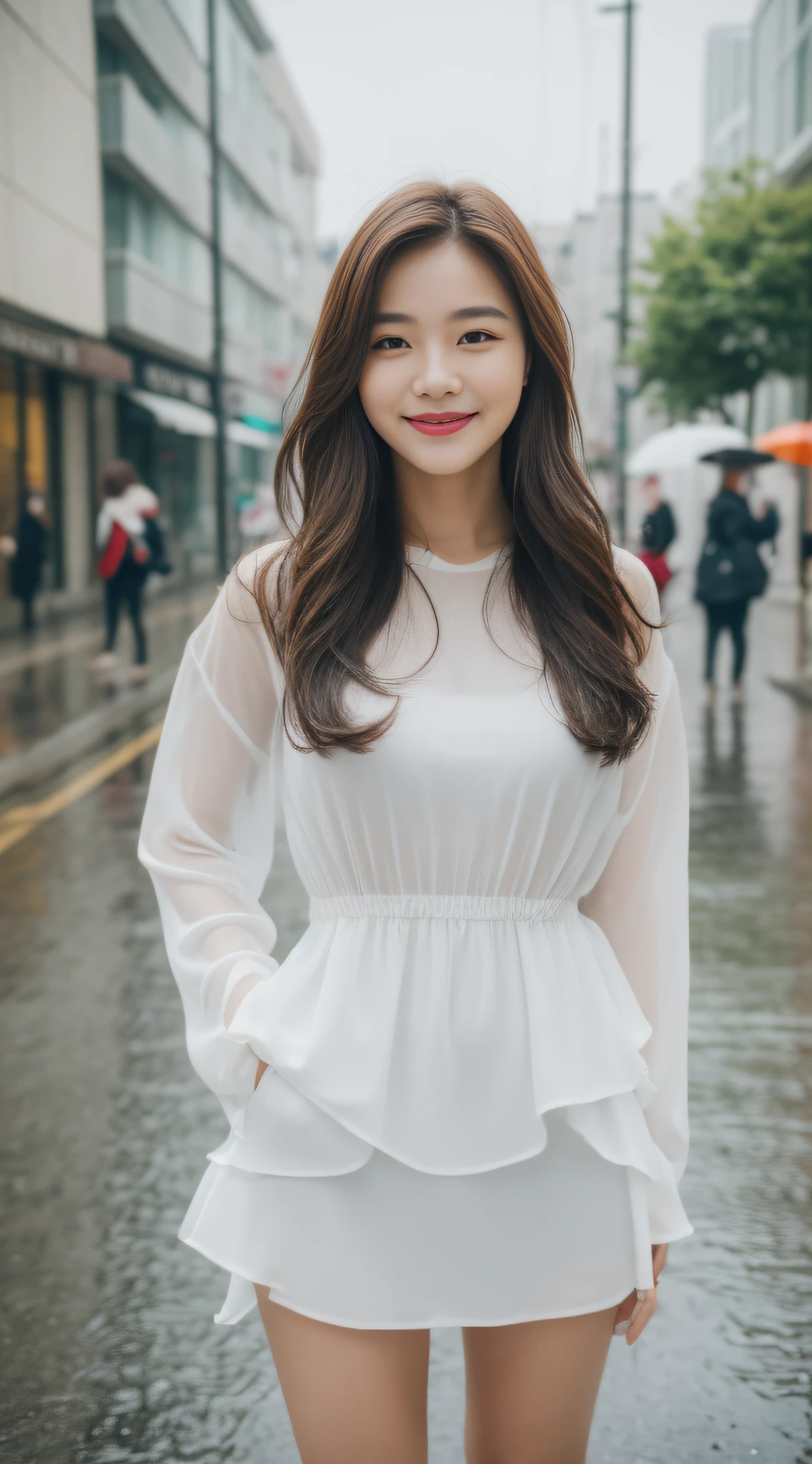 ((Best Quality, 8K, Masterpiece:1.3)), Focus: 1.2, Perfect Body Beauty: 1.4, Buttocks: 1.2, ((Layered Haircut, Breasts: 1.2)), (Wet Clothes: 1.1), (Rain, Street:1.3), Bandeau Dress: 1.1, Highly Detailed Face and Skin Texture, Fine Eyes, Double Eyelids, Whitening Skin, Long Hair, (Shut Up: 1.3), Smile