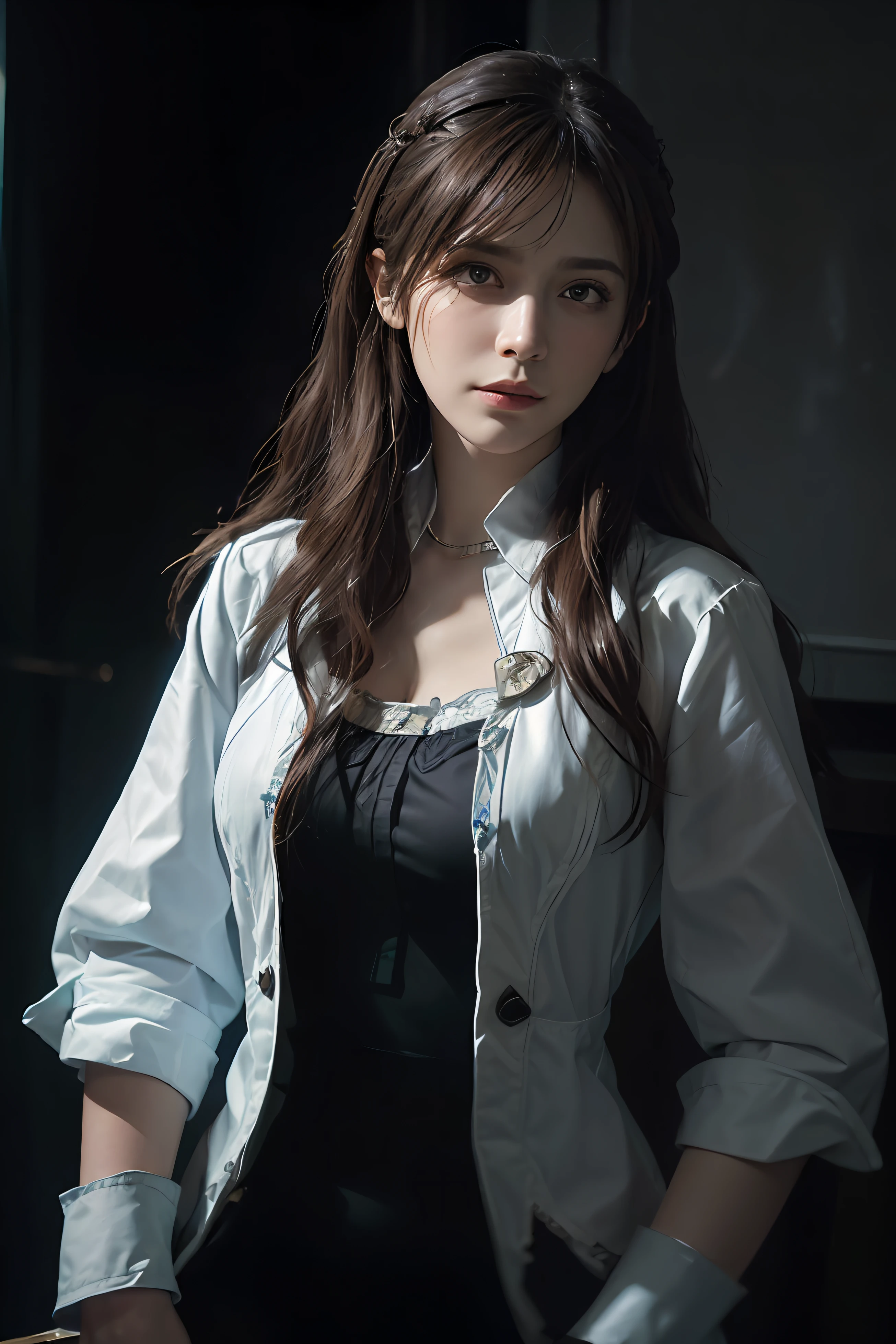 (front focus),(in the dark:1.6), Hyperrealist portrait of female by david hockney and alphonse mucha,fantasy art, photo realistic, dynamic lighting, artstation, poster, volumetric lighting, very detailed faces, 4 k, award winning,, 1girl, in the dark, deep shadow, low key,cowboy shot,(official clothing:1.4) ,long hair,white hair,
