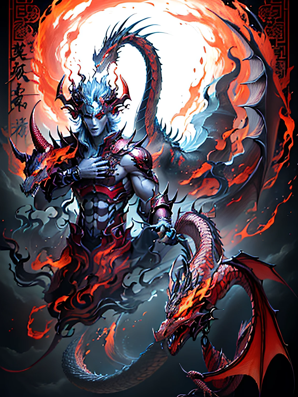 There is a painting of dragons and demons on a black background, human and dragon fusion, Suitable for the banshee of the red horn, Male Shinigami, Japanese demon boy, Flame，Human body with dragon features, Detailed fanart, author：Ni Zan, full color drawing, demonic dragon inspired armor, asura from chinese myth, detailed full-body concept, demon male