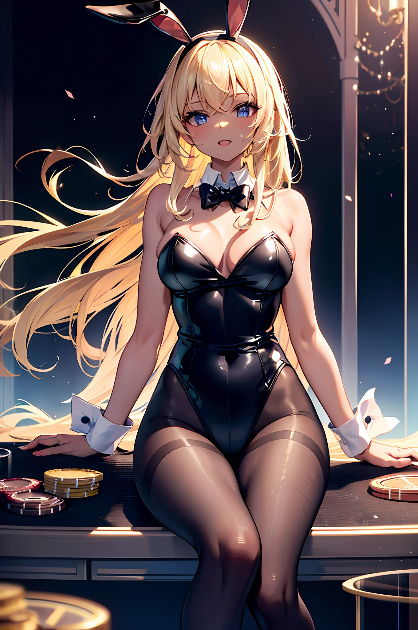 Highest Quality, masterpiece, unbelievably beautiful, very delicate 8k wallpaper, Transcendently Beautiful Girl, (beautifully detailed eyes), gals, (Dark skin:1.1), (long Blonde Hair Pink Gradient Hair), BREAK, Flat_Chest, Huge_breasts, wide_lower back, Open your mouth and laugh smile, long eyelashes, makeup, BREAK, Bunny Girl, Rabbit ear headband, Rabbit tail, Enamel Leotard, wrist_Cuffs, bowtie, Black_pantyhose, high_heels, short tuxedo jacket, BREAK, (Five Fingers, 4fingers and 1thumb), Casino, Roulette table, Lots of coins,