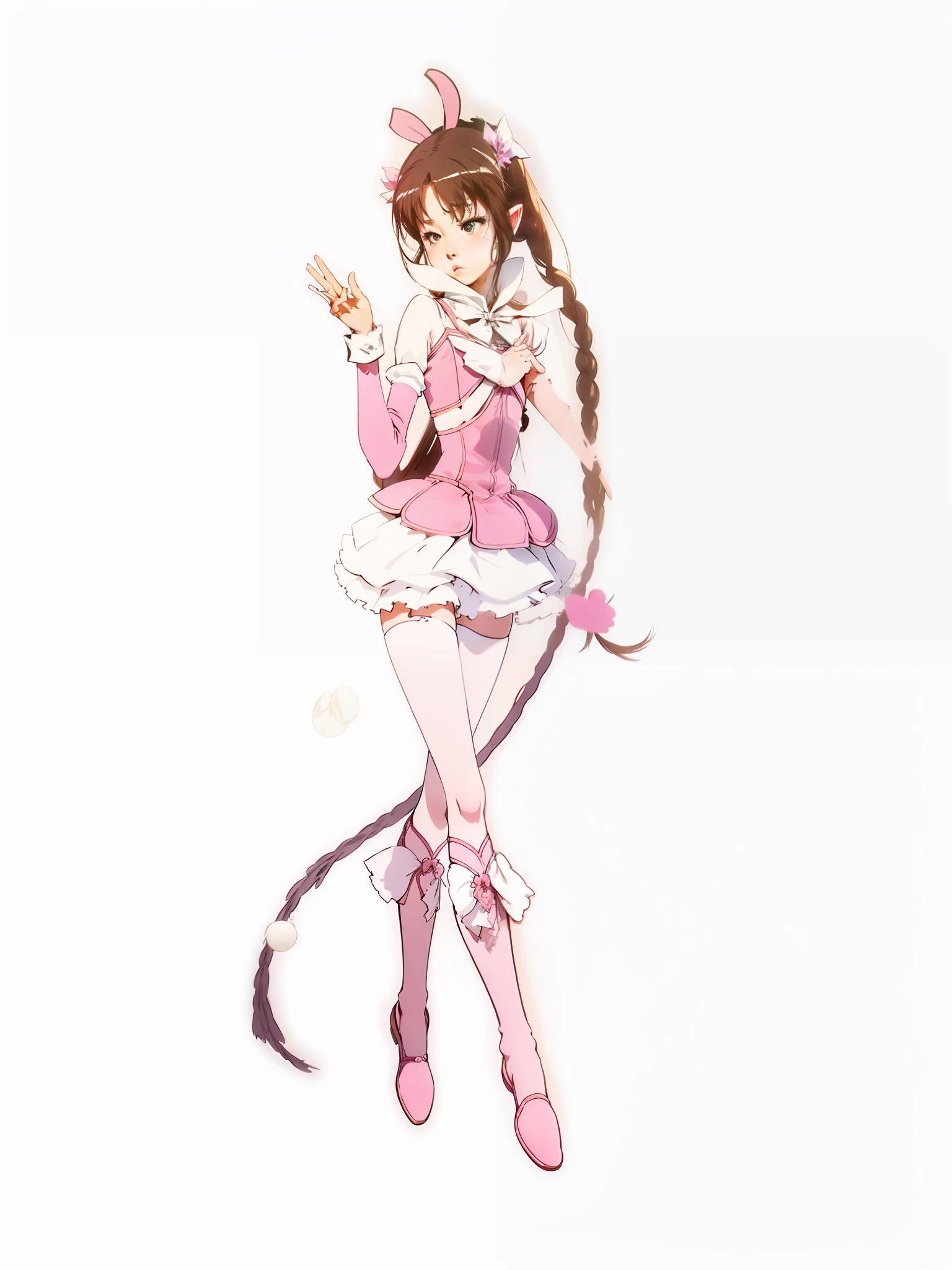 tmasterpiece,A masterpiece,Delicate portrayal of facial features,Delicate hair portrayal,Delicate eye portrayal,Peerless beauty,4k画质,White tights,Beautiful,junior school student,Delicate facial features,Dance costumes,Short pink skirt,adolable,largeeyes,Rabbit ears,Pure desire,Extreme graphics,a beauty girl