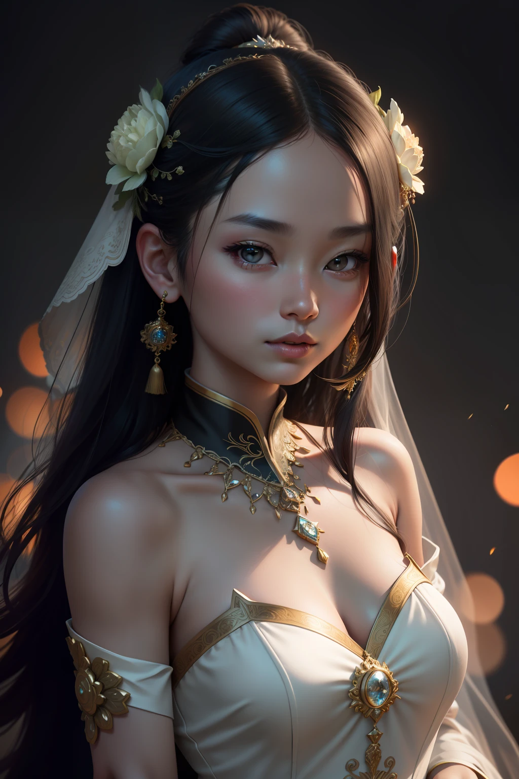 best quality, masterpiece, highres, 1girl,china wedding dress,hair ornament,necklace, jewelry,Beautiful face,upon_body, tyndall effect,photorealistic, dark studio, rim lighting, two tone lighting,(high detailed skin:1.2), 8k uhd, dslr, soft lighting, high quality, volumetric lighting, candid, Photograph, high resolution, 4k, 8k, Bokeh