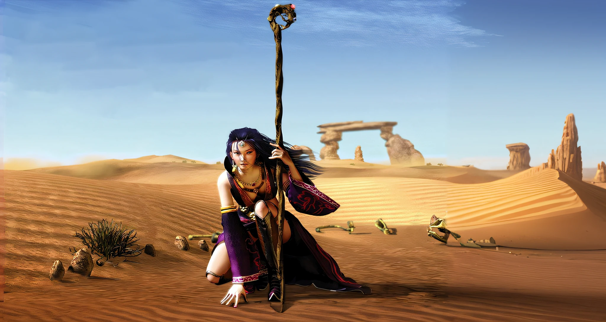 Desert Aalfid woman with staff and desert landscape, desert fighter ancient mage, she is holding a long staff, Sand desert fantasy, beautiful female witch, sorceress woman, beautiful female witch, beautiful female sorceress, fantasy character photo, Mago da Terra Feminino, beautiful sorceress female, maya ali sorceress