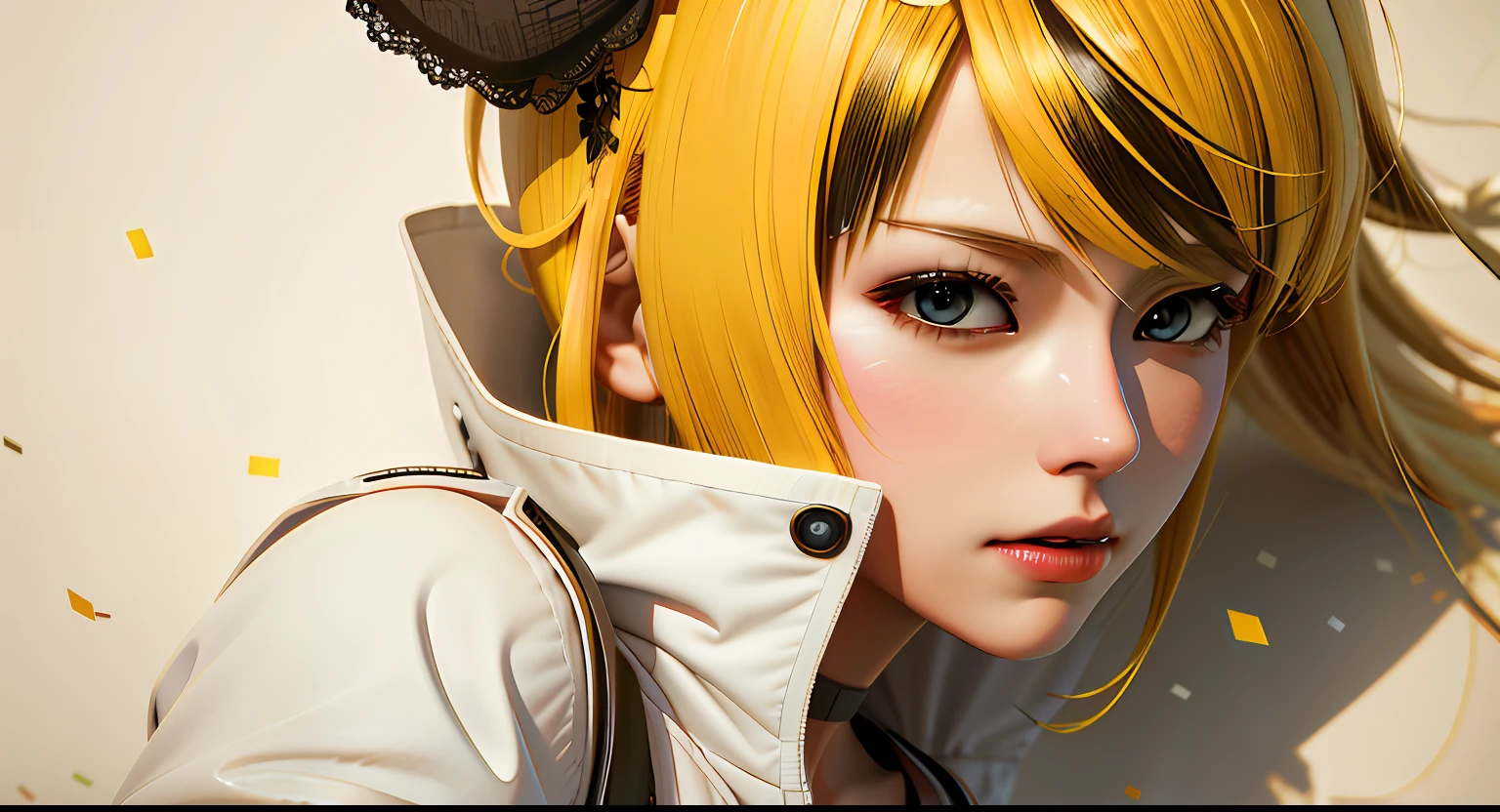Ultra realistic detail rendered 8K blonde anime girl,Black and white hat and white jacket,Akihiko Yoshida,Art germ,3d unreal engine,Cute girl rendered,The April rendering scene at the moment。