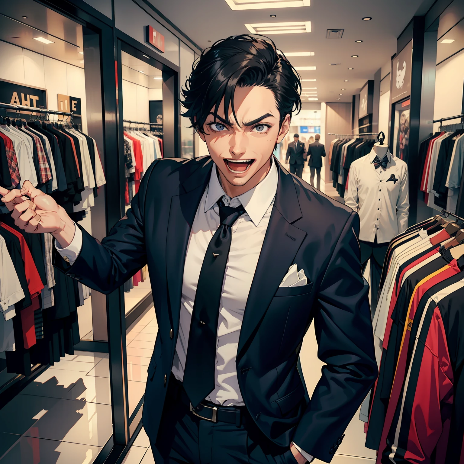 1 male，Bad eyes，Evil laughter，Bad laughs，Wear a casual suit，Bust photo，In the mall clothing store