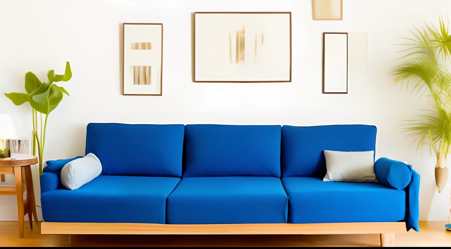 The wooden floor is covered with three blue fabric sofas,On the background wall is a housekeeping pattern