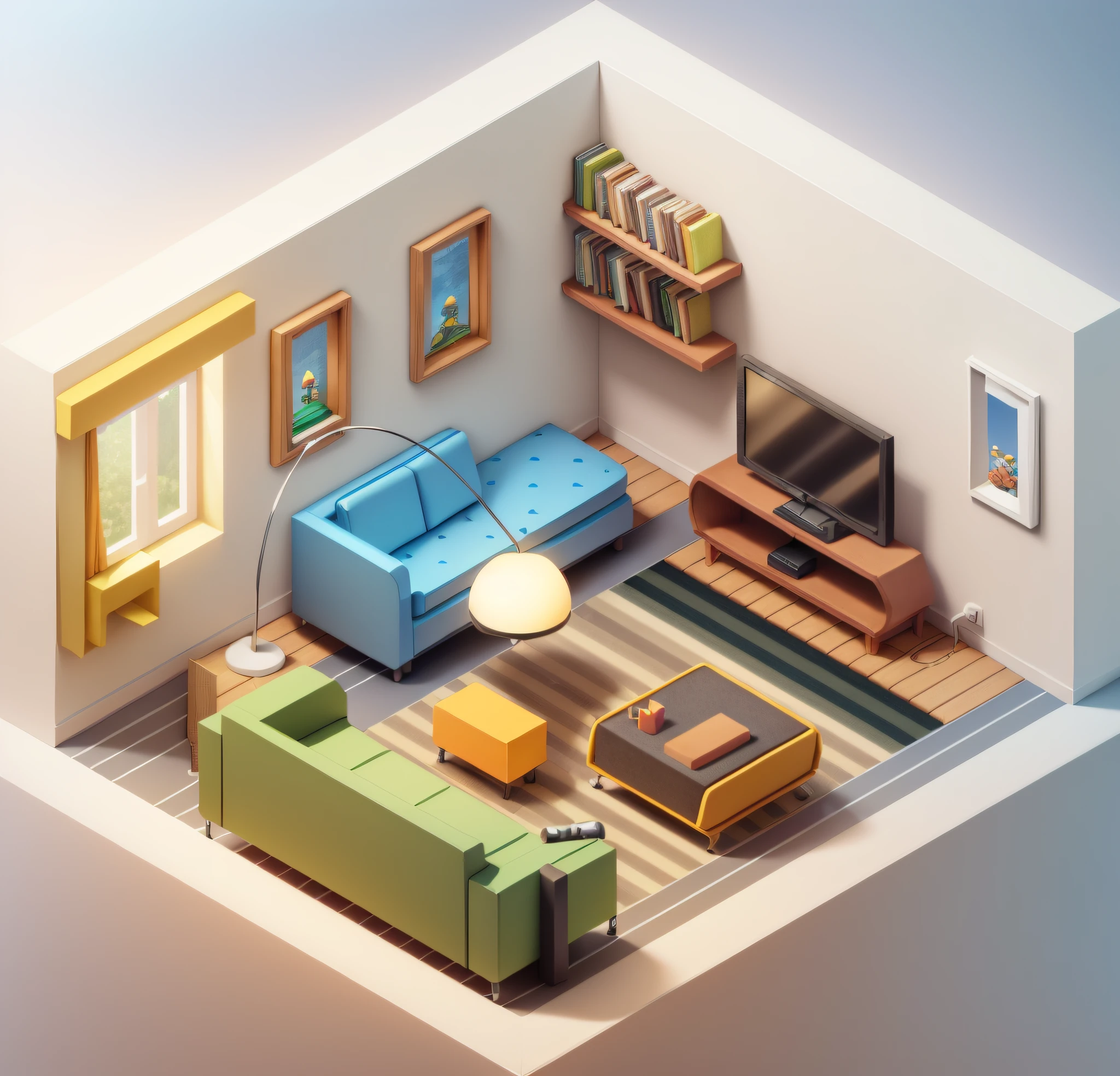 (Isometric perspective:1.5),(Pixar style:1.2), Room, bed, sofa,(small bonsai:0.8),desk lamp, TV, mural, 3D,Disney,Panoramic photo,White background, solid background,Global illumination, raytracing, modeling,HDR,octane render,unreal render,behance,dribbble,artstation,best quality, 8k,