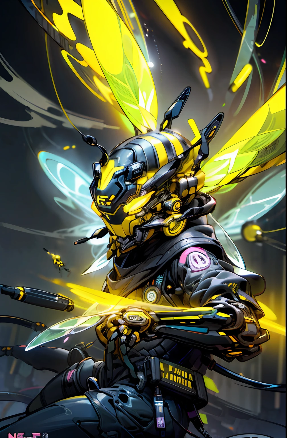 (Bee head:1.5)、helmets、gas masks、(Neon liquid:1.5)、(Neon needles:1.6)、(Dynamic Posing:1.3)、amarelo、Black、cyberpunked、droid、(nohuman:1.5)