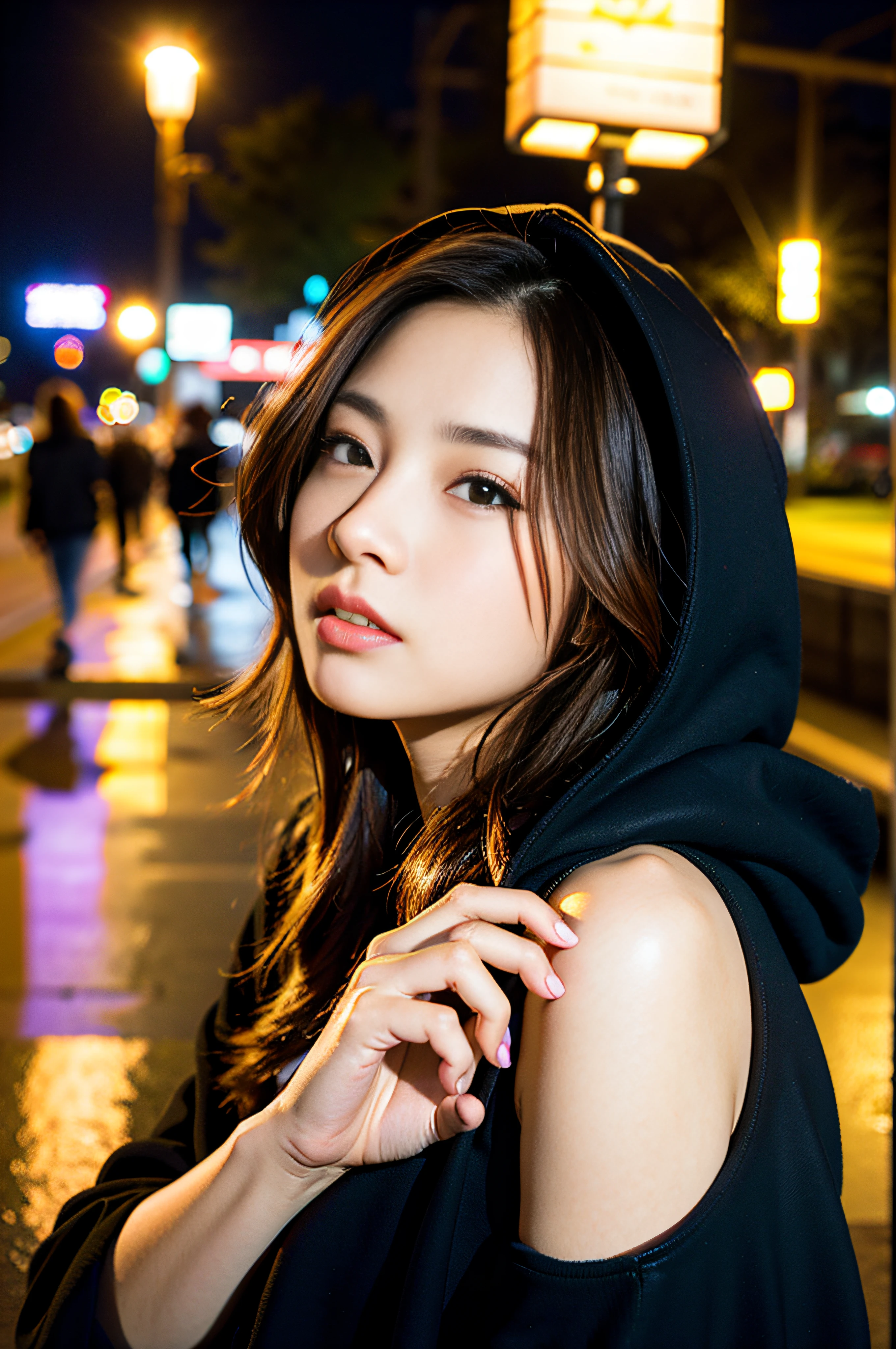 Sad theme、(top-quality、​masterpiece:1.2)、Very Wide Shot、Reaching out、fish-eye lens、natta、Dark light、Harajuku crowd background、Textured skin, Cinematic、１24  beautiful woman with brown hair、(((Black hoodie)))、Looking Up、(Streetlight background:1.3)、sony a7,24mm lens shooting、F 1.8 Aperture、No retouching、Realistic raw photos、The skin texture is very detailed、without makeup、Background lighting is red、rainy day、The ground is wet from rain、The atmosphere is moody、How to steam