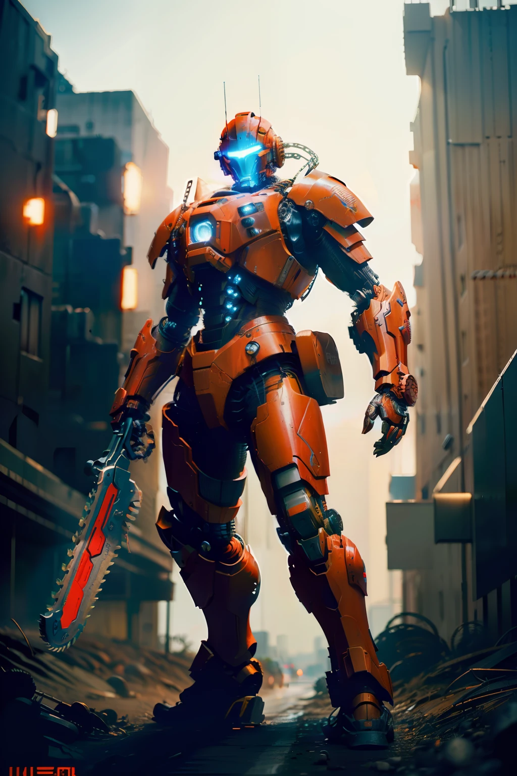 On the moon, barren planet, ruins, holding weapons, no humans, glowing, robot, building, glowing eyes, orange mech, science fiction, city, reality, mecha, galaxy background, full body, neon, cyber Punk, 8K wallpapers, ultra-detailed artwork, cinematic lighting, realistic photos, Dark_Fantasy, Cyberpunk, (chain saw, chain saw man, Red: 1.1), 1man, Mechanical marvel, Robotic presence, Cybernetic guardian, wearing a worn-out machine armor suit, intricate, (steel metal [rust]), elegant, sharp focus, photographed by greg rutkowski, soft lighting, vibrant colors, masterpiece, ((street)), cowboy shot, dynamic pose,