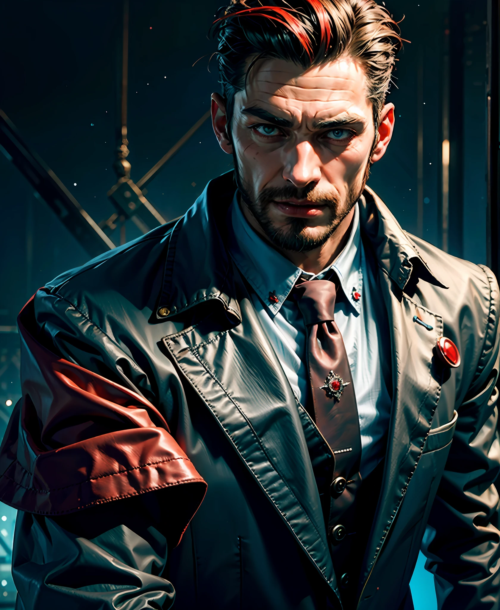 (8k, RAW photo, highest quality),(epic realistic:1.5), 1boy, tough looking guy, handsome man, chiselled jaw, giga chad, caucasian, slick back hair, (smirk), grin, ((bright red eyes)), photorealistic, (evil look), business suit, lovecraft, holding a glass, 1900s, intricate details,cinematic, dark studio,(hdr:1.5),detailed, looking at viewer