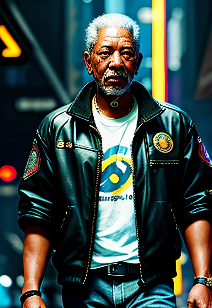 a painting of a (Morgan Freeman), background, style of cyberpunk 2077, band of gold round his breasts
