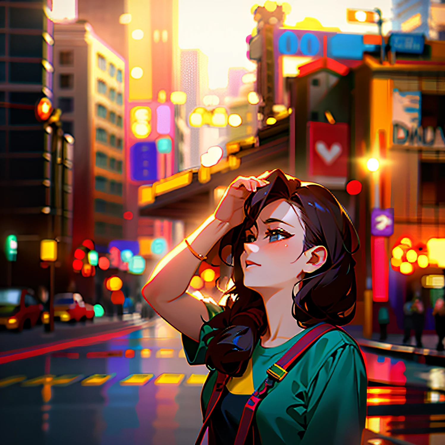 beautiful teenage girl,Stand in the street,Background bokeh