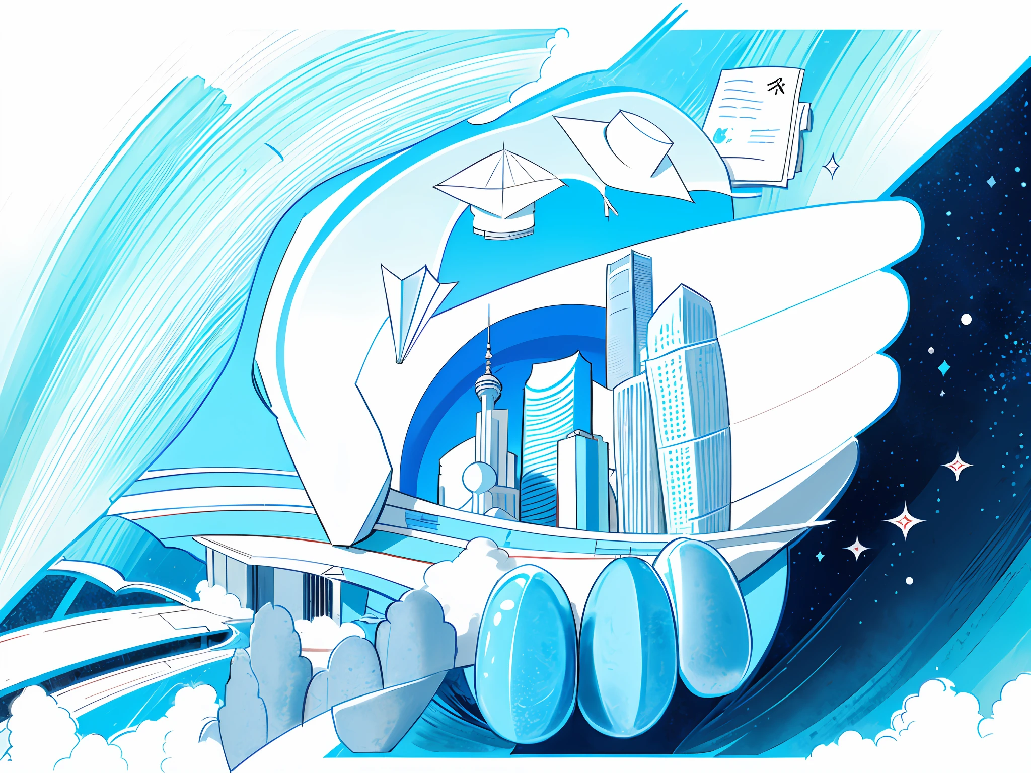 Hold hands together,Flesh-colored hands,There is a city inside,shanghai, Anime City,full page illustration, detailed line art, Line sketch,Paper airplanes,hsr,Blue sky background,The city is bustling,Half during the day,suns,Generally the night sky,
